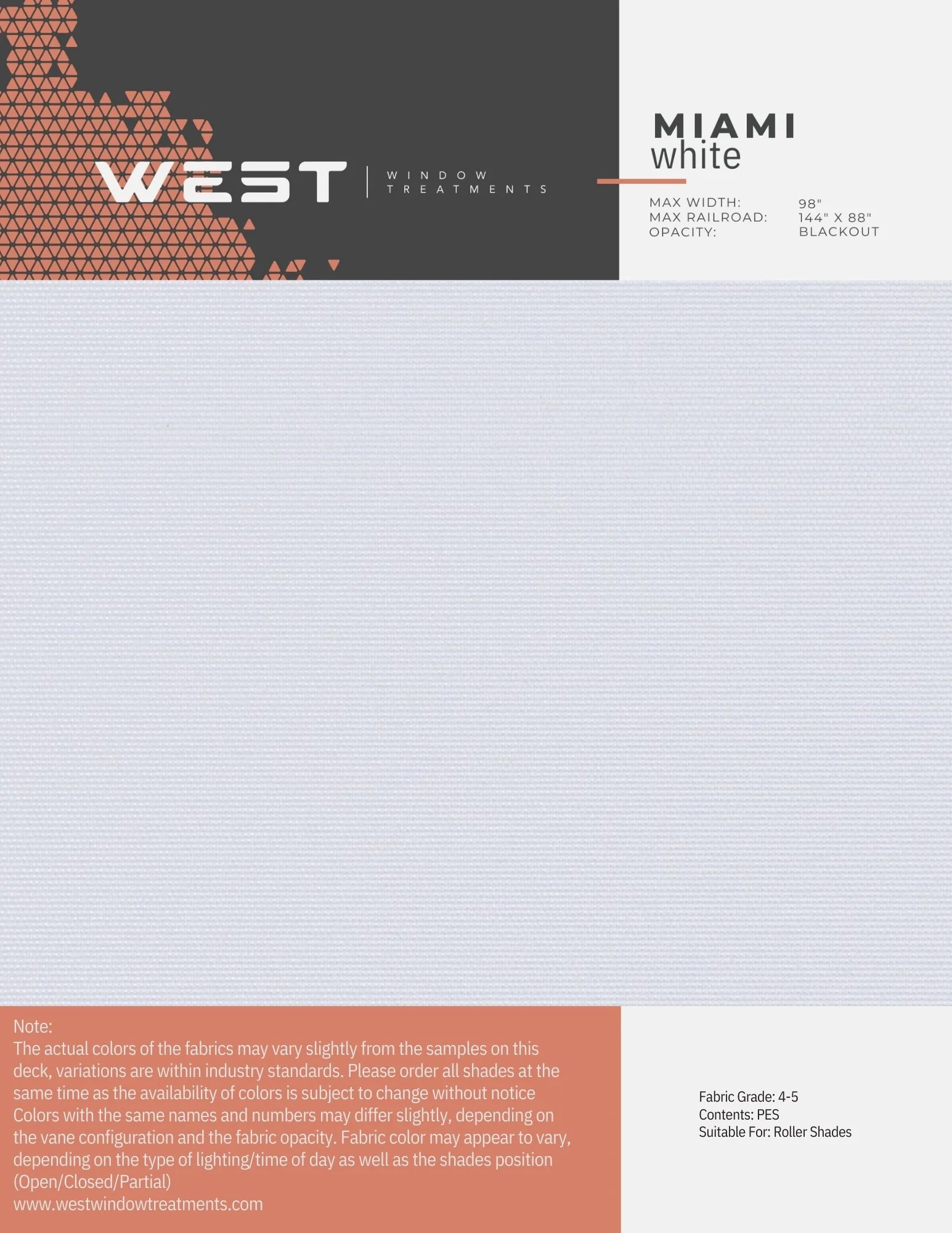Blank fabric sample sheet with brand name West Window Treatments, product info for Miami white, max width 98 inches, max railroad 144 by 88 inches, blackout opacity, and fabric grade 4-5.