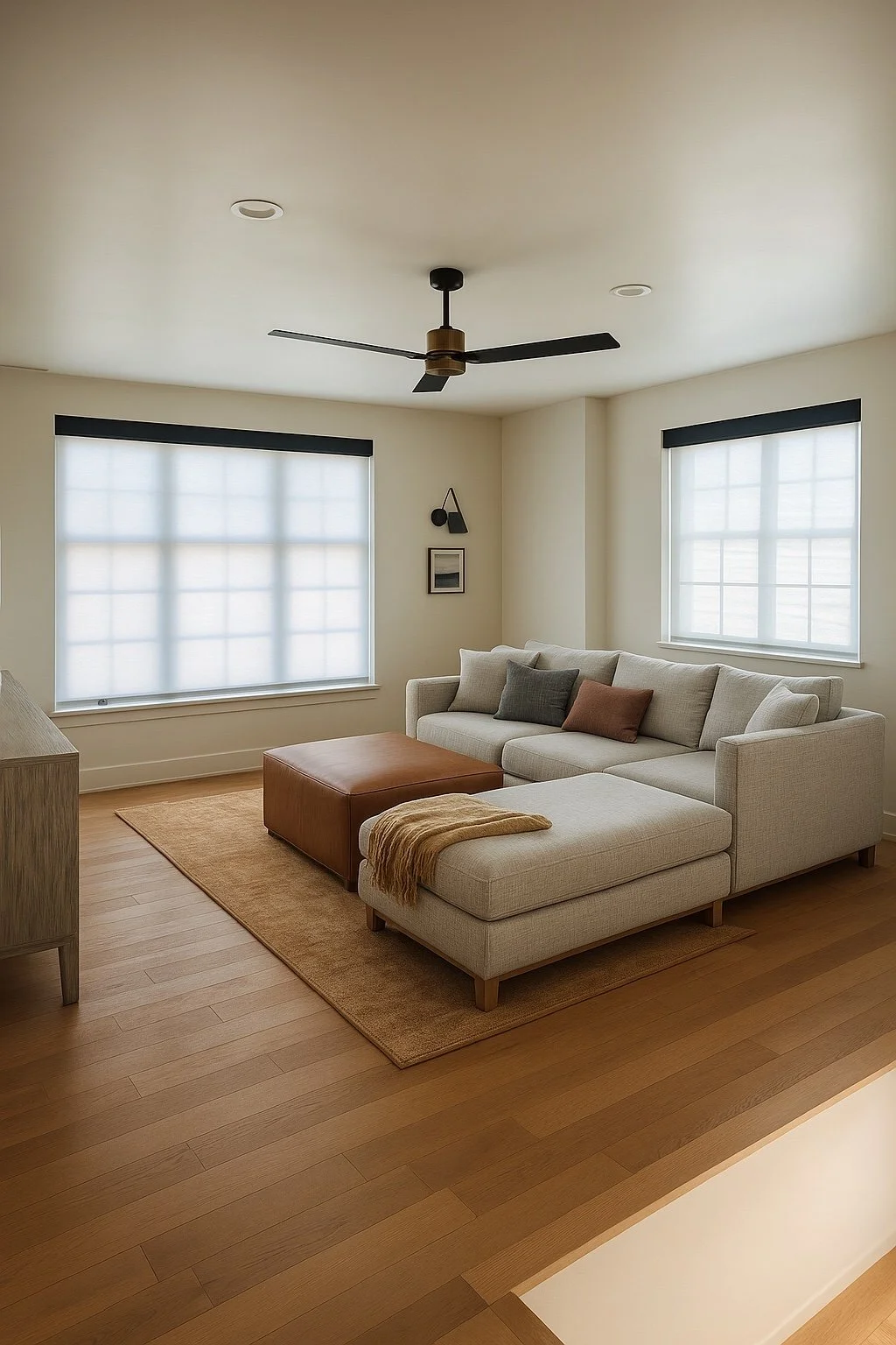 A living room with a beige sectional sofa, a leather ottoman, a throw blanket, and a small rug on light wooden flooring, illuminated by natural light from two large windows with white blinds, with a ceiling fan and wall decor.