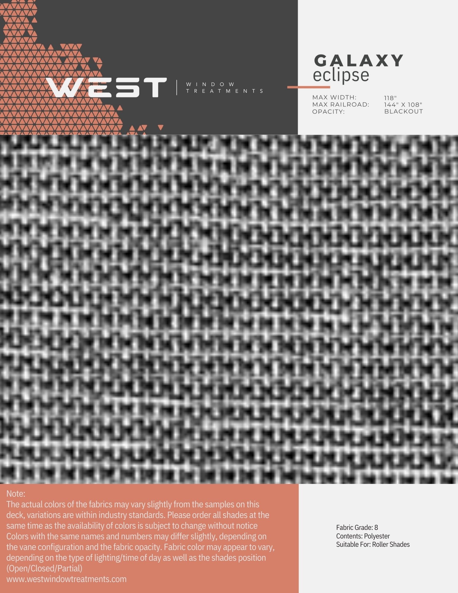 A fabric sample with a black and white houndstooth pattern. The packaging indicates it is called 'Galaxy Eclipse', with maximum width of 118 inches, maximum railroad of 144 inches by 108 inches, blackout opacity, fabric grade 8, and made of polyester