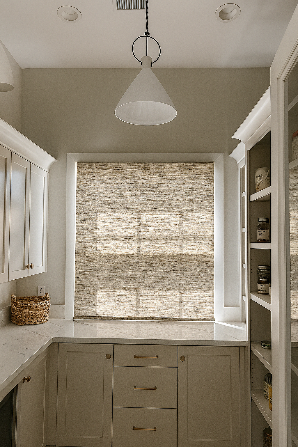 A kitchen with white cabinets, a marble countertop, a window with woven blinds, a hanging pendant light, and built-in shelving with jars and containers.