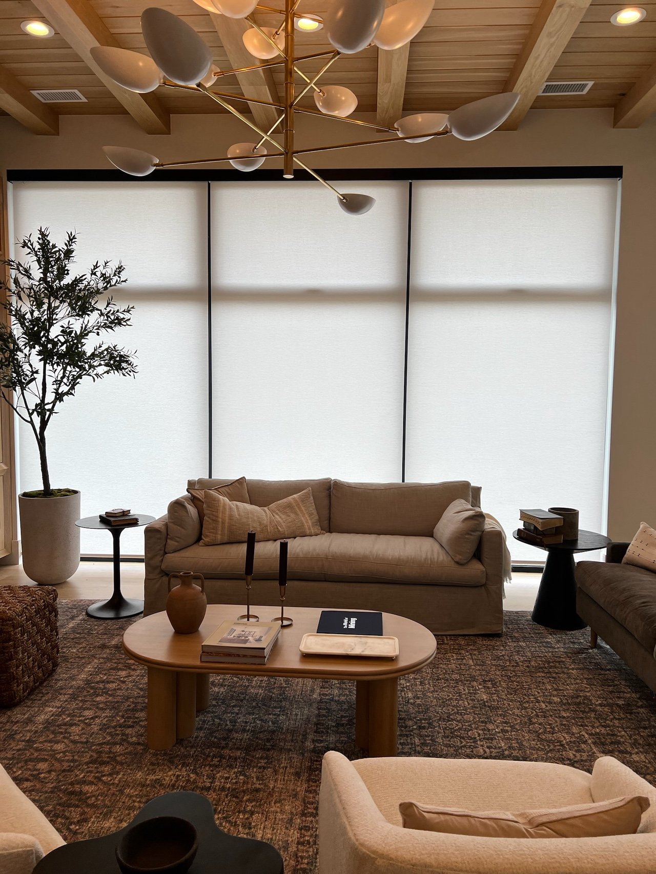 Living room with large window covered by white blinds, beige sofa with pillows, wooden coffee table with books and decorative items, side tables, potted plant, and modern chandelier.