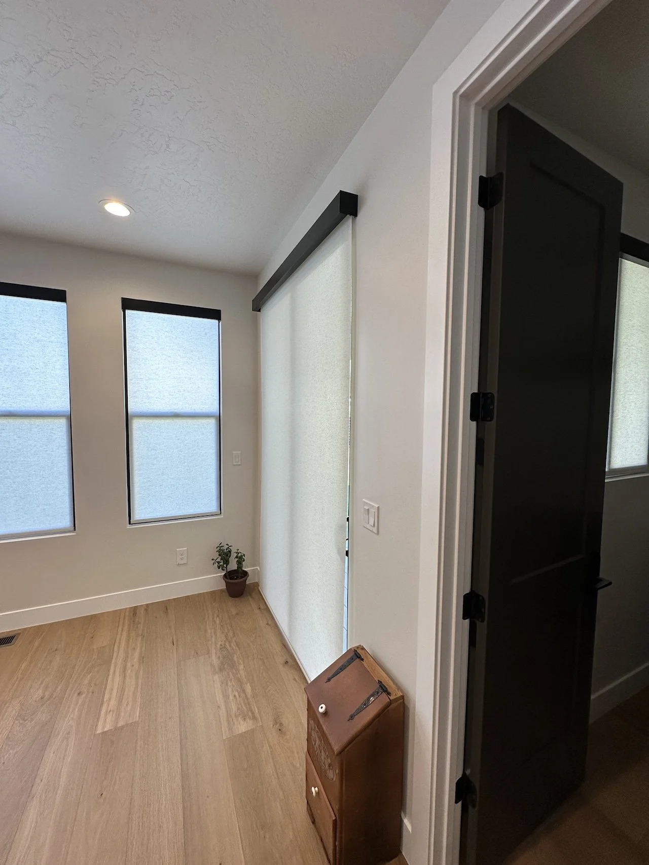 Bright room with two large windows covered with light-filtering blinds, a sliding door with a curtain, a small potted plant on the floor, and a vintage suitcase near the door.