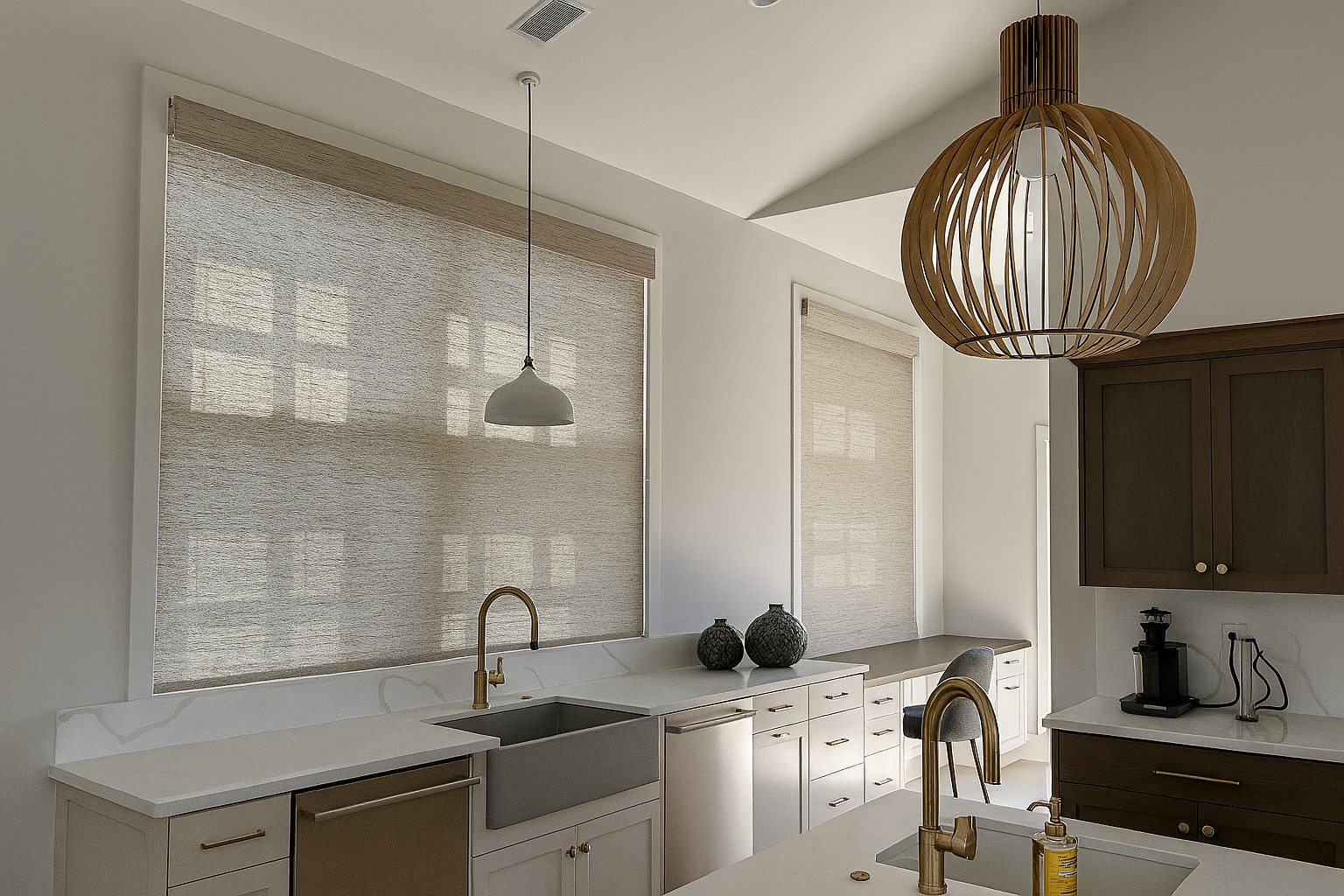 Modern kitchen with white cabinets, a gray farmhouse sink, gold fixtures, and natural wood pendant lighting. Two vases are on the window sill, and a coffee maker is on the counter.
