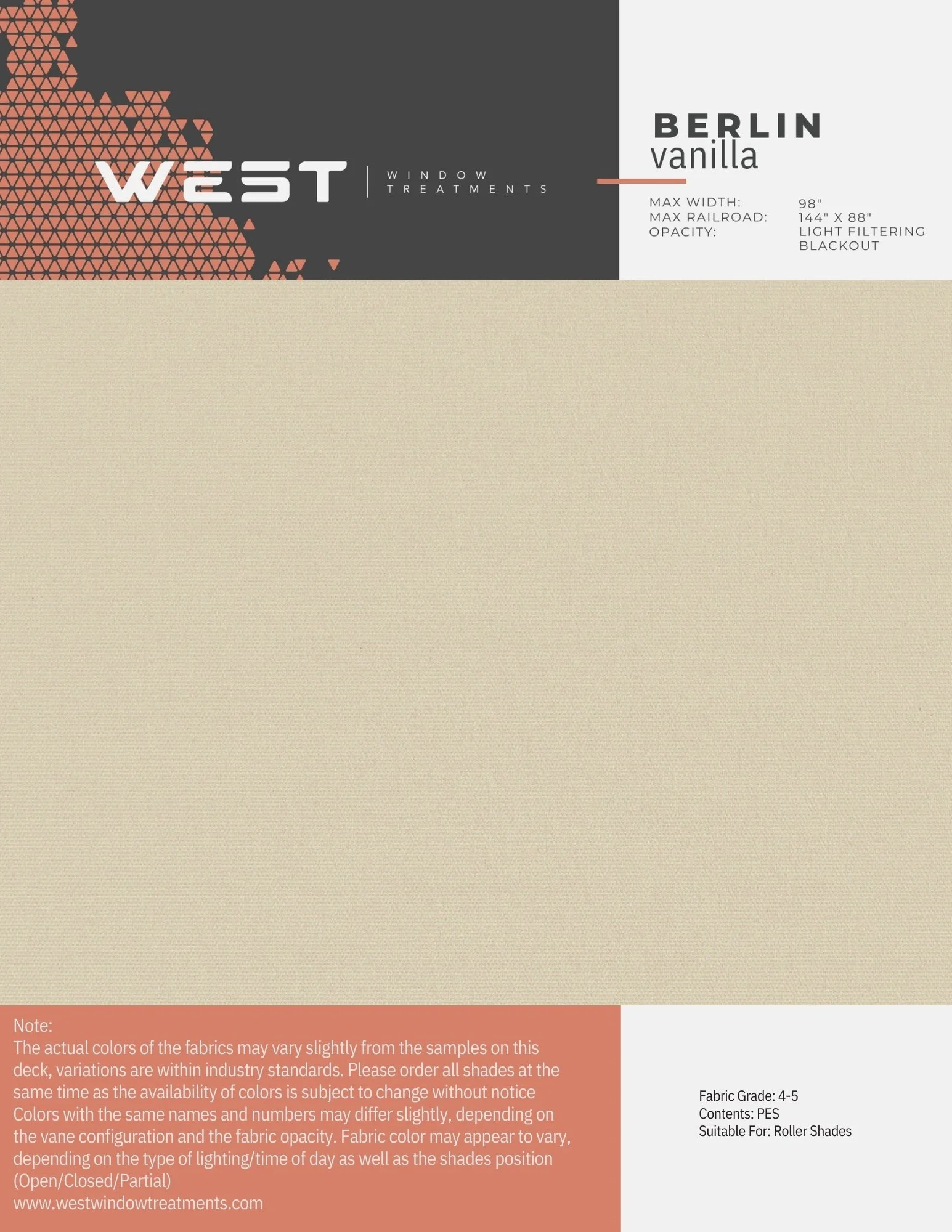 Sample color swatch for Berlin vanilla window treatment fabric, 98 inches wide, 144x88 inches max rail, with light filtering blackout, suitable for roller shades.