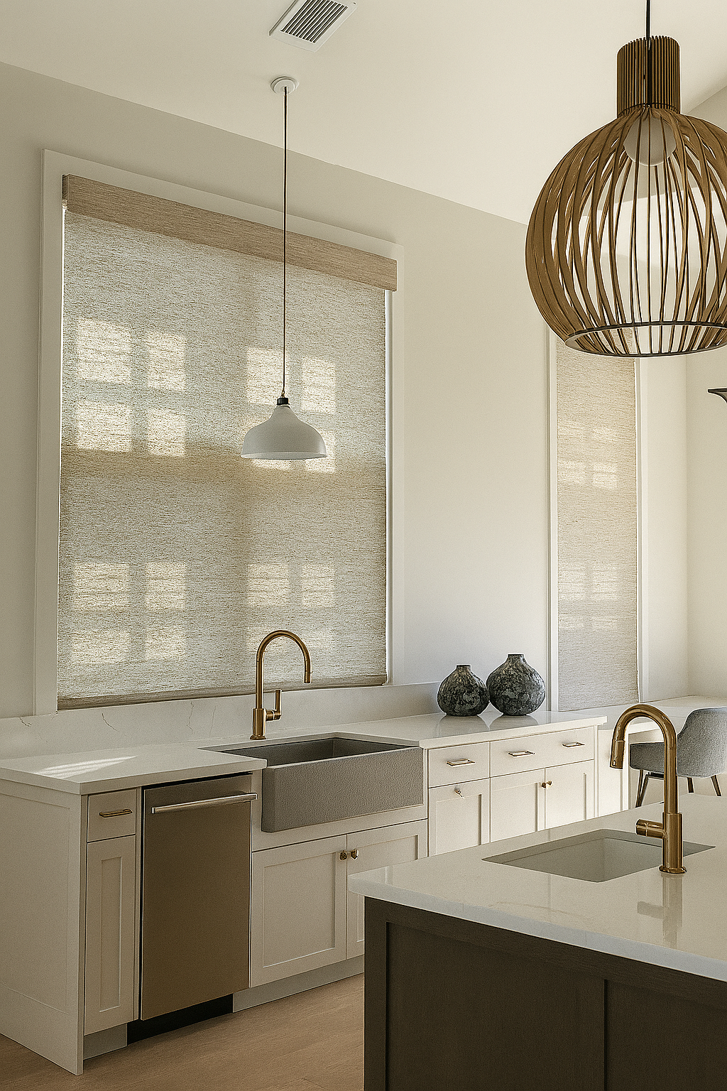 Modern kitchen with white cabinets, gold faucets, a central island with a sink, and window blinds letting in sunlight. Decorative vases on the countertop and pendant lights hanging from the ceiling.