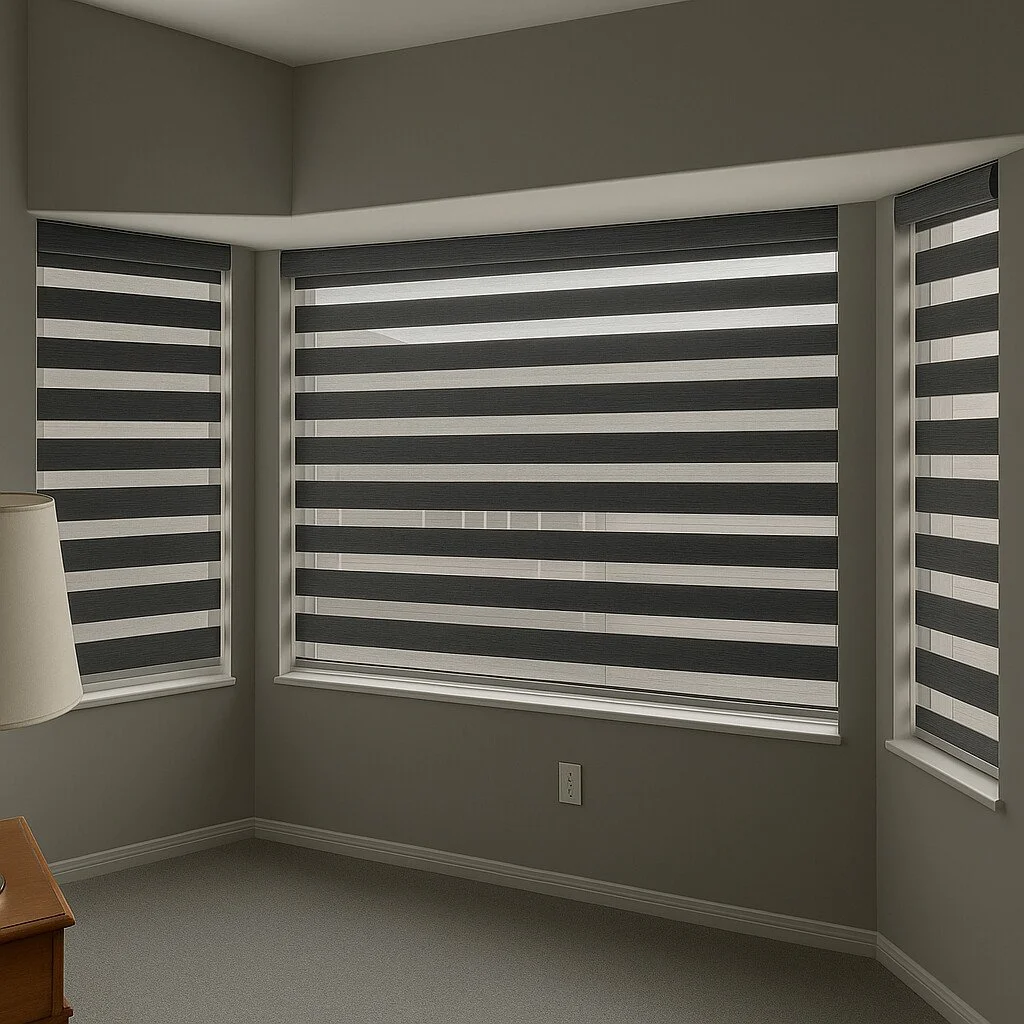 Corner of a room with large windows covered with zebra blinds in black and white horizontal stripes.