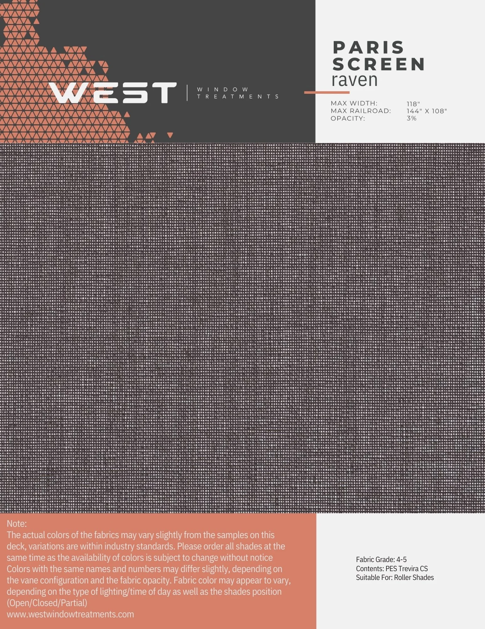 Sample of a blackout window treatment fabric called Paris Screen Raven by West Window Treatments, featuring a black and gray dot pattern and a label with product specifications.