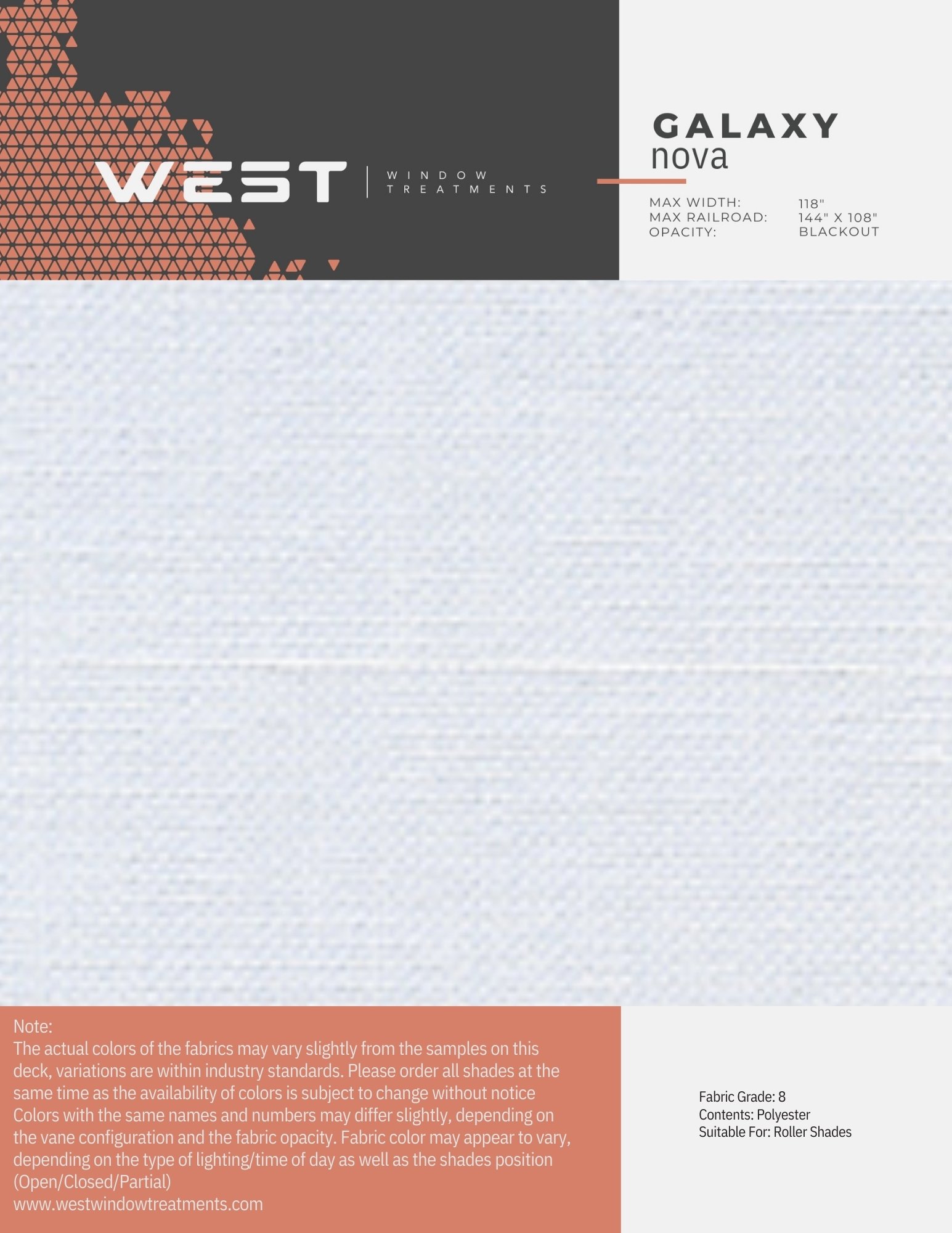 Blank white fabric sample with label indicating color code, fabric grade, and description for window treatment material.