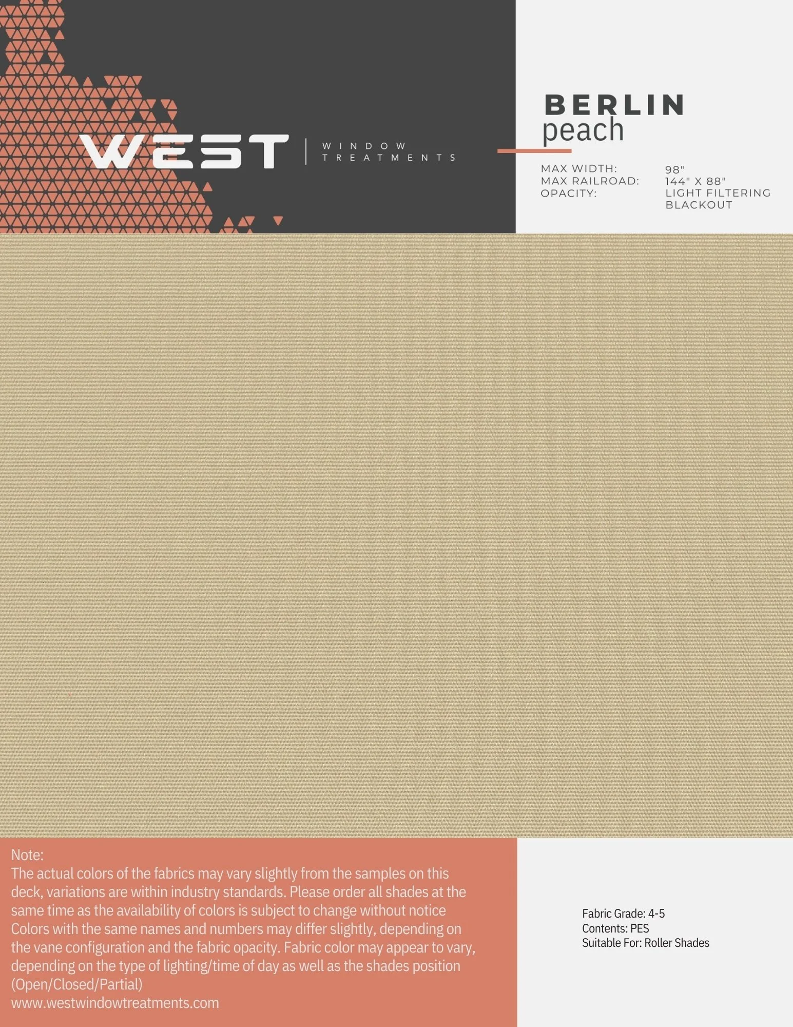 Beige roller shade fabric sample with the label 'Berlin Peach' by West Window Treatments, with specifications on width, railroad, opacity, and color details.