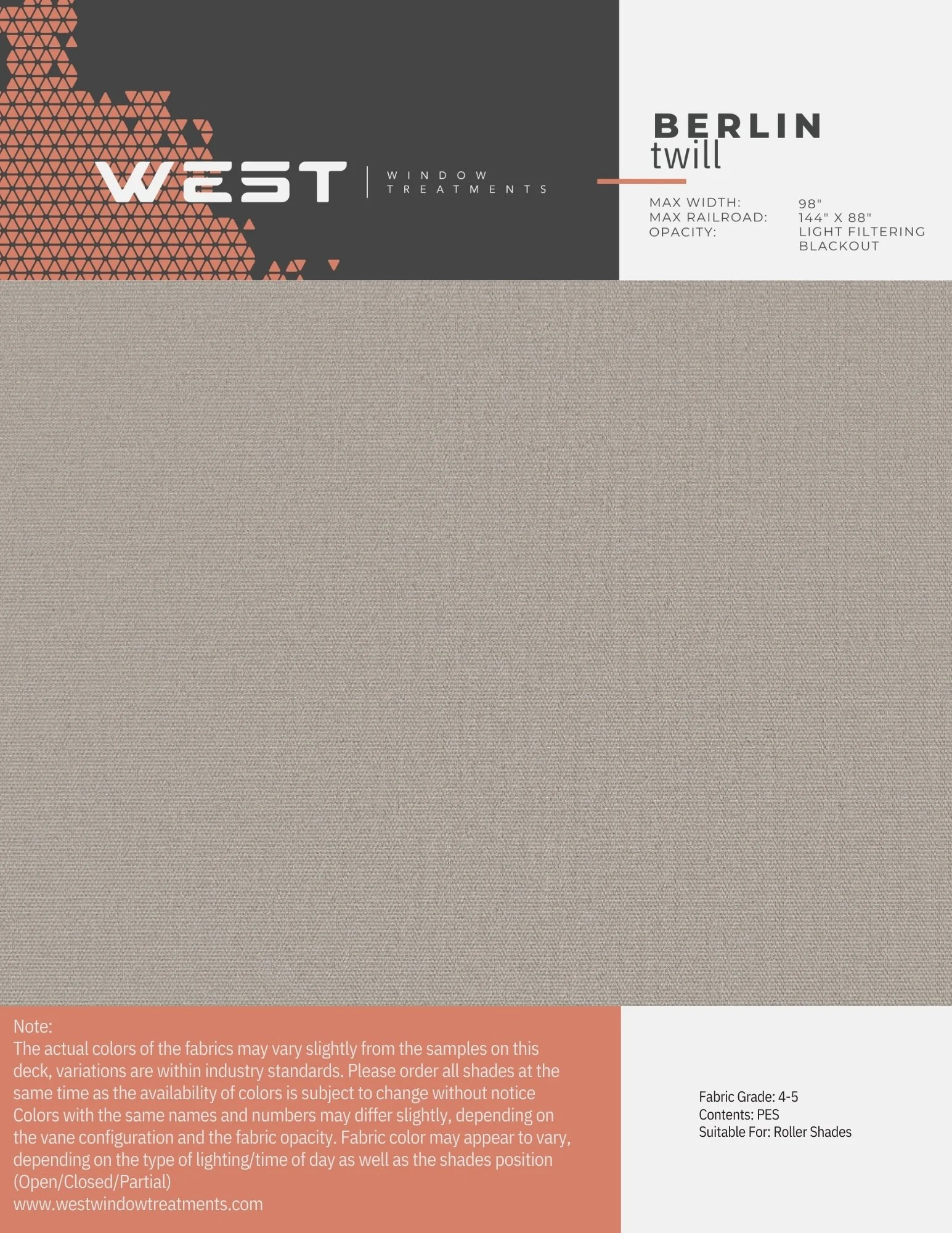 Sample fabric swatch in beige color with a label from West Window Treatments for Berlin Twill fabric.