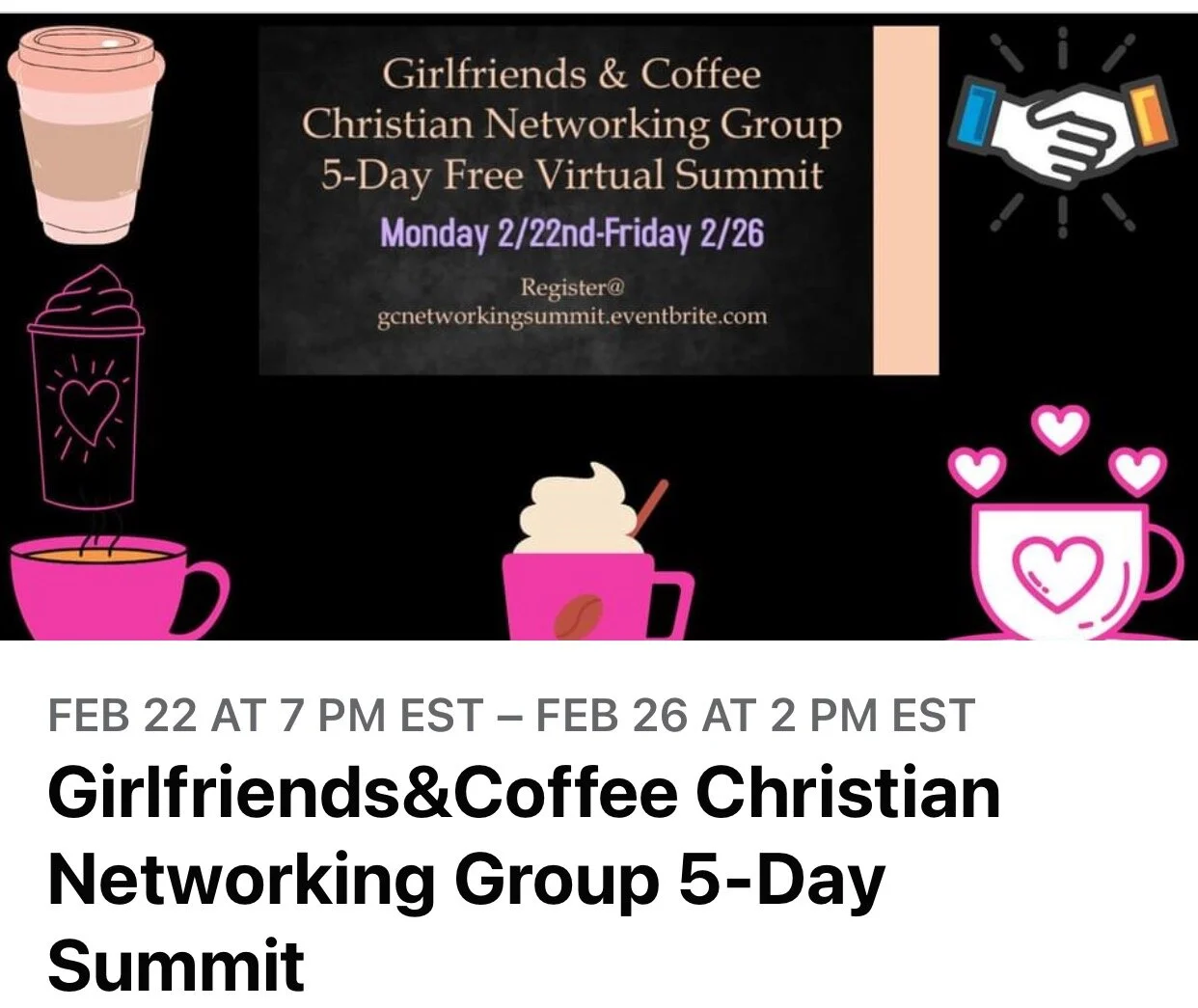 Join us for this amazing 5-Day Summit and learn effective Networking Skills designed to help grow your business.

Group MasterMind kick off, then all week will be professional speakers sharing ways to increase your business skills. I will speak Tuesd