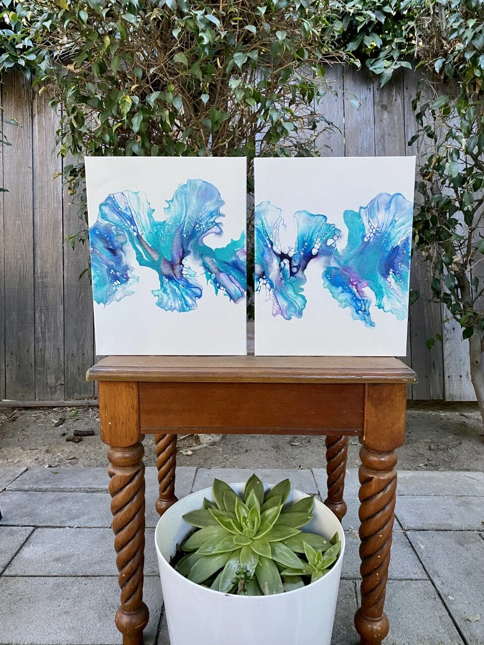 Blue Dream 11 x 14 diptych Dutch pour