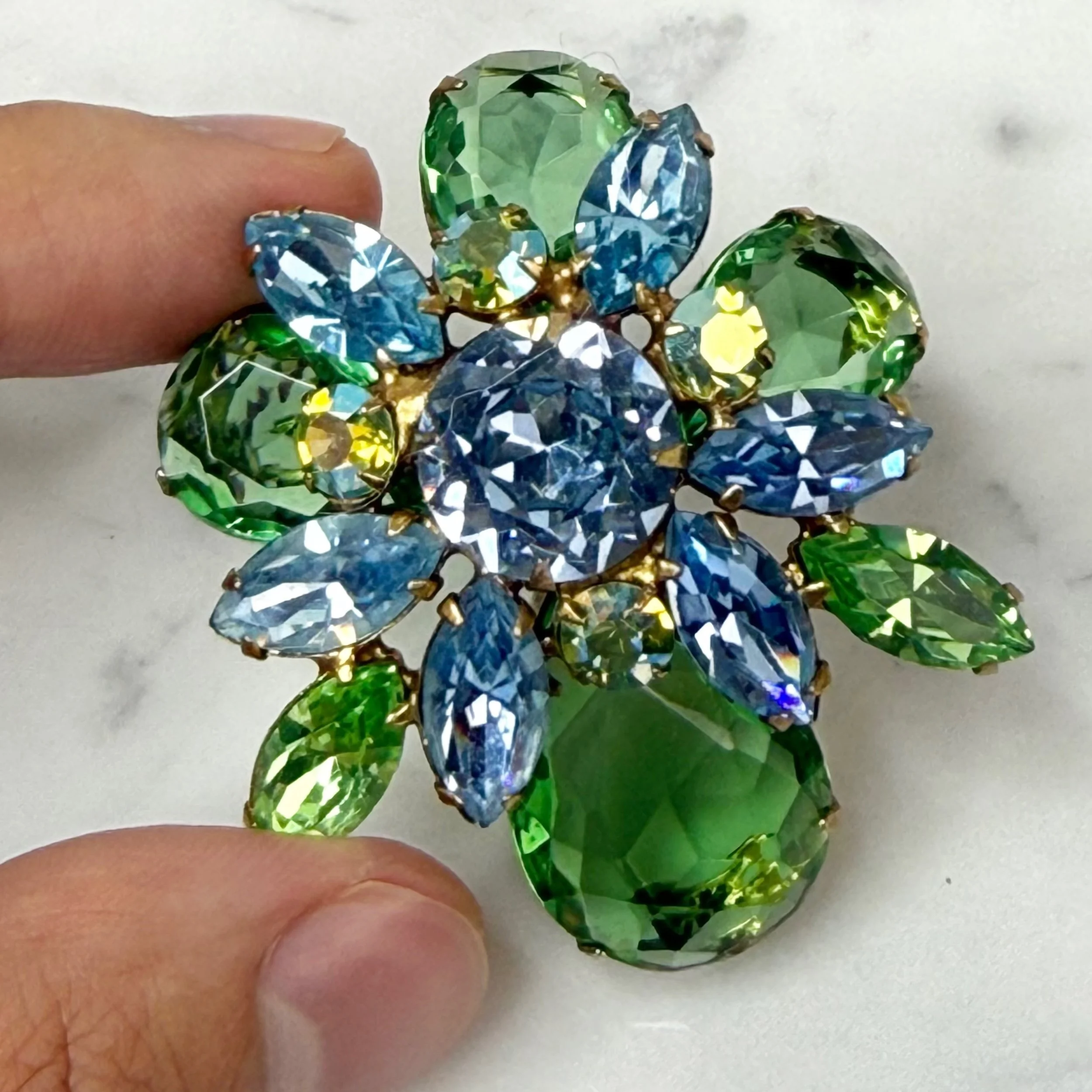 1960s blue and green rhinestone brooch