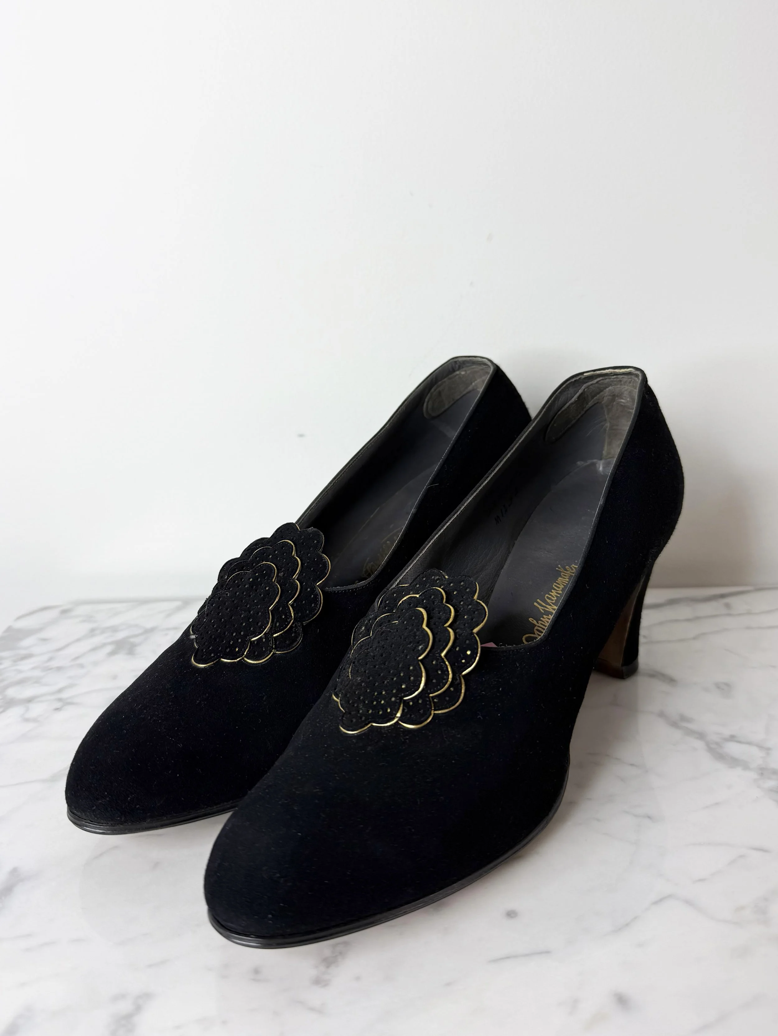 1930s black suede heels Laird Schober & Co.