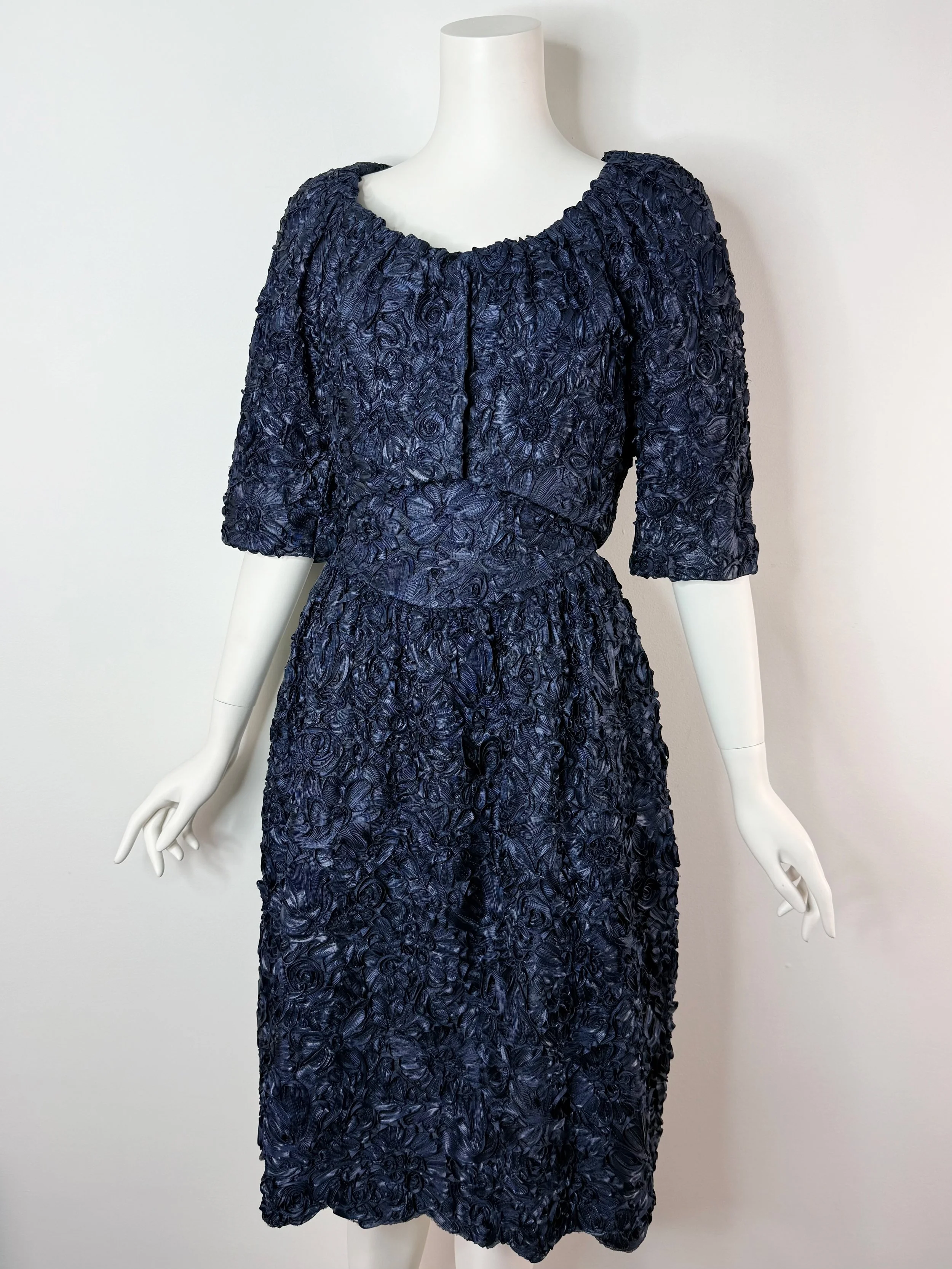 Circa 1960 navy blue ribbon ensemble by Hattie Carnegie