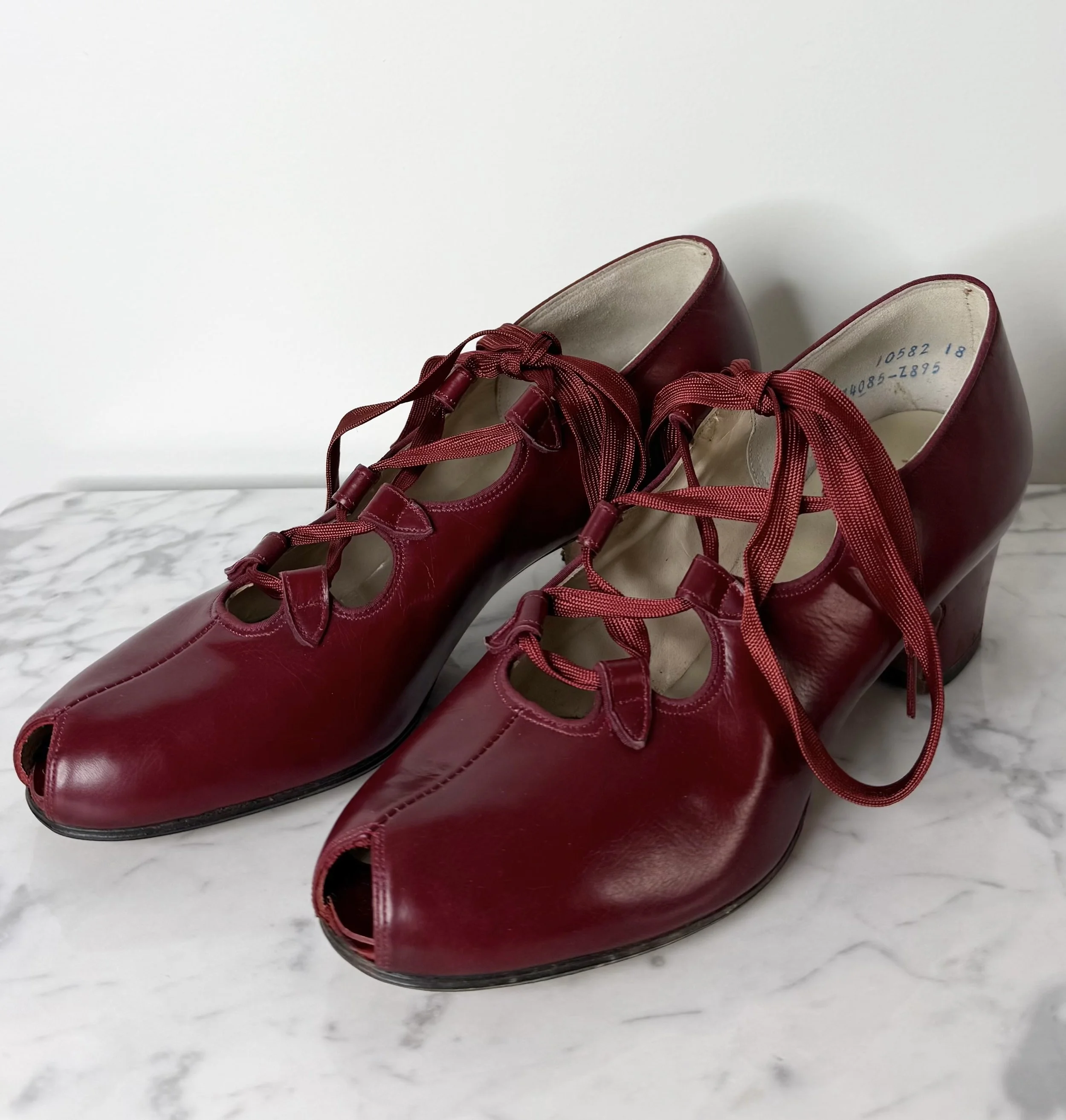 Circa 1940 red leather lace up heels