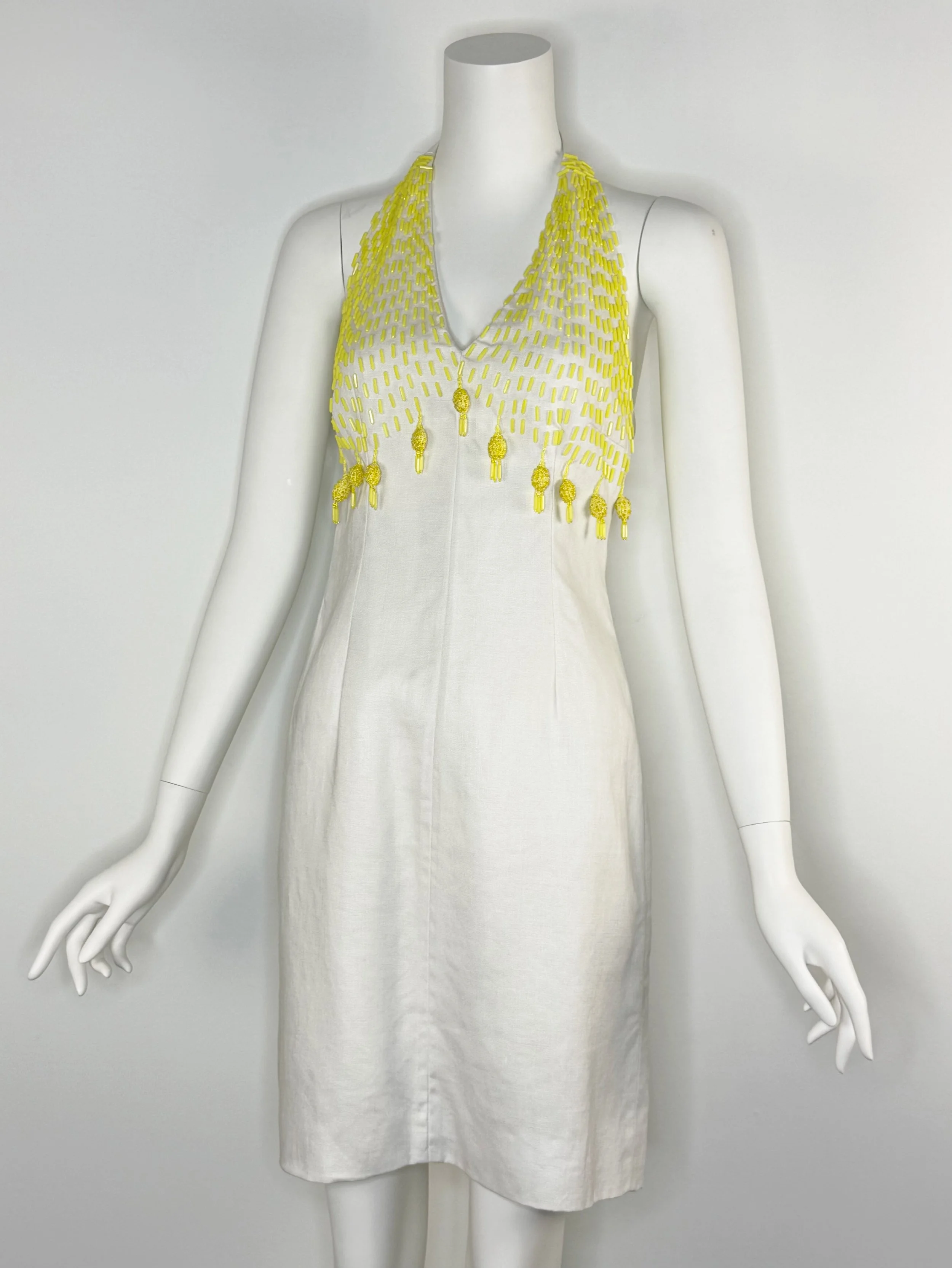 1960s white linen halter dress with yellow beadwork