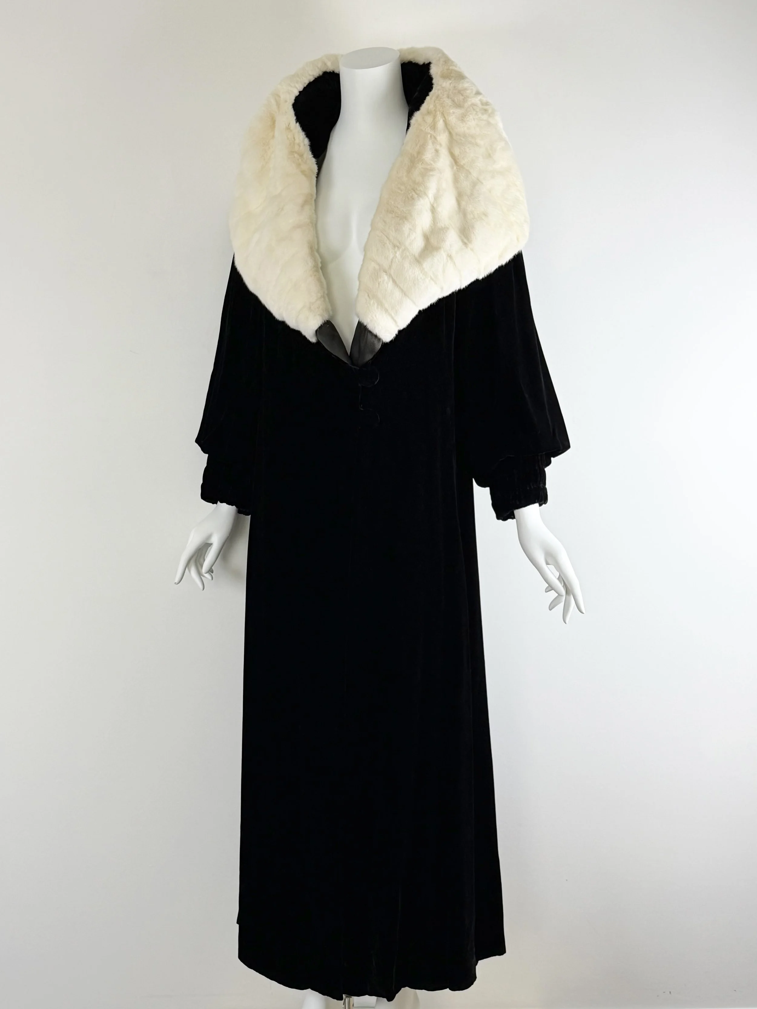 1930s black silk velvet opera coat with ermine collar
