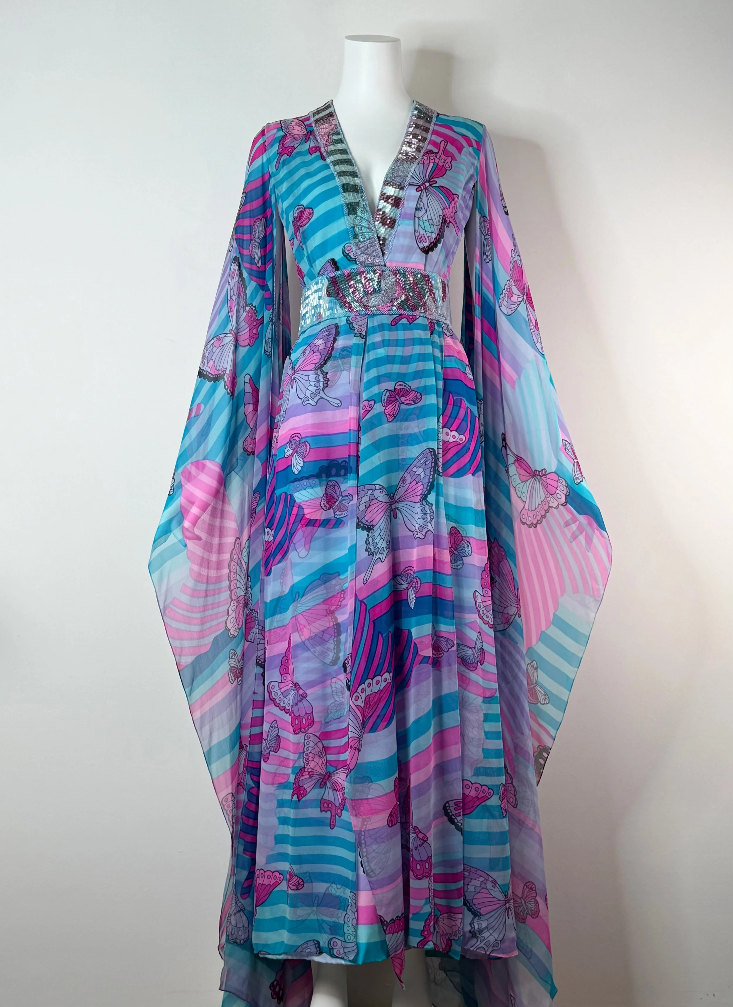 1970s silk butterfly gown by Hanae Mori