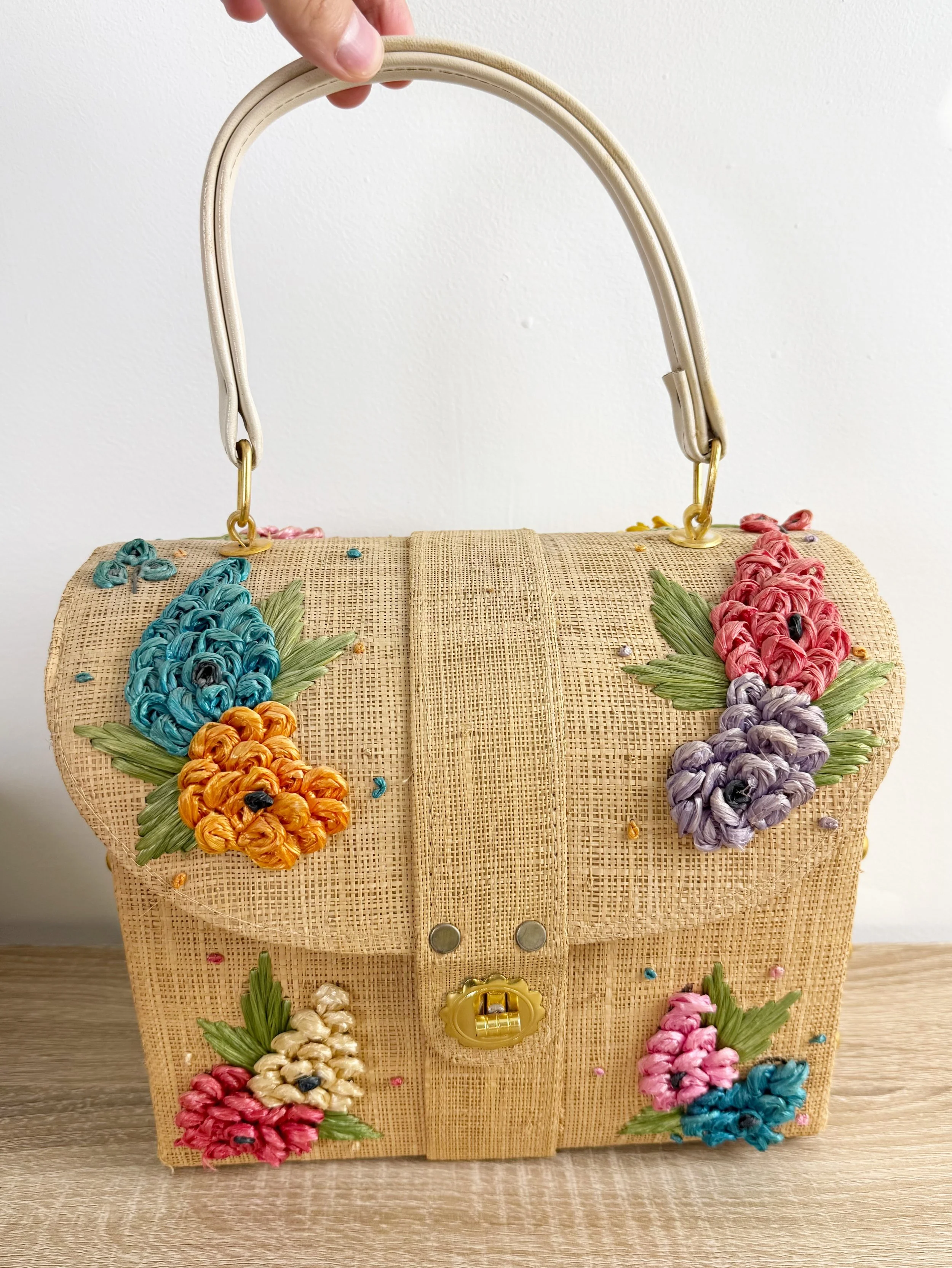 1960s raffia straw purse with three-dimensional floral embroidery