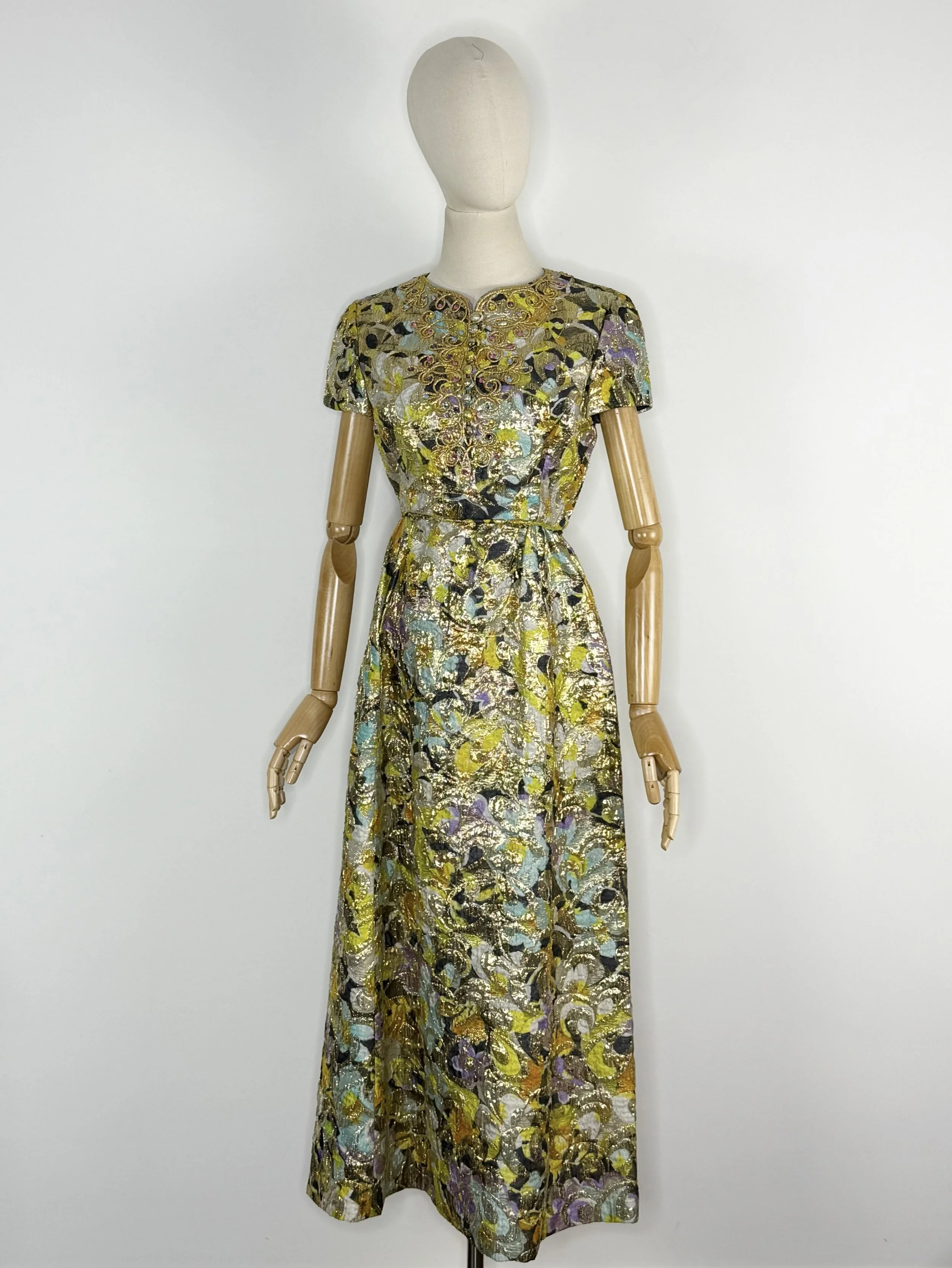 1960s metallic brocade gown with ornate bodice detail