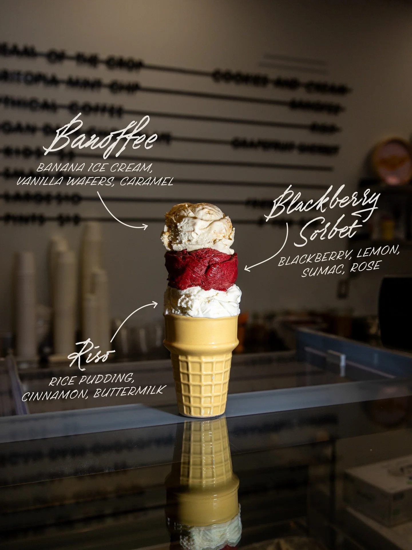 New flavors have arrived in the shop!! Featuring:

🍨 Banoffee &mdash; Made of banana ice cream, vanilla wafers, and caramel.

🍨 Blackberry Sorbet &mdash; Made of blackberries, lemon, sumac, and rose.

🍨 Riso &mdash; Made of rice pudding, cinnamon,