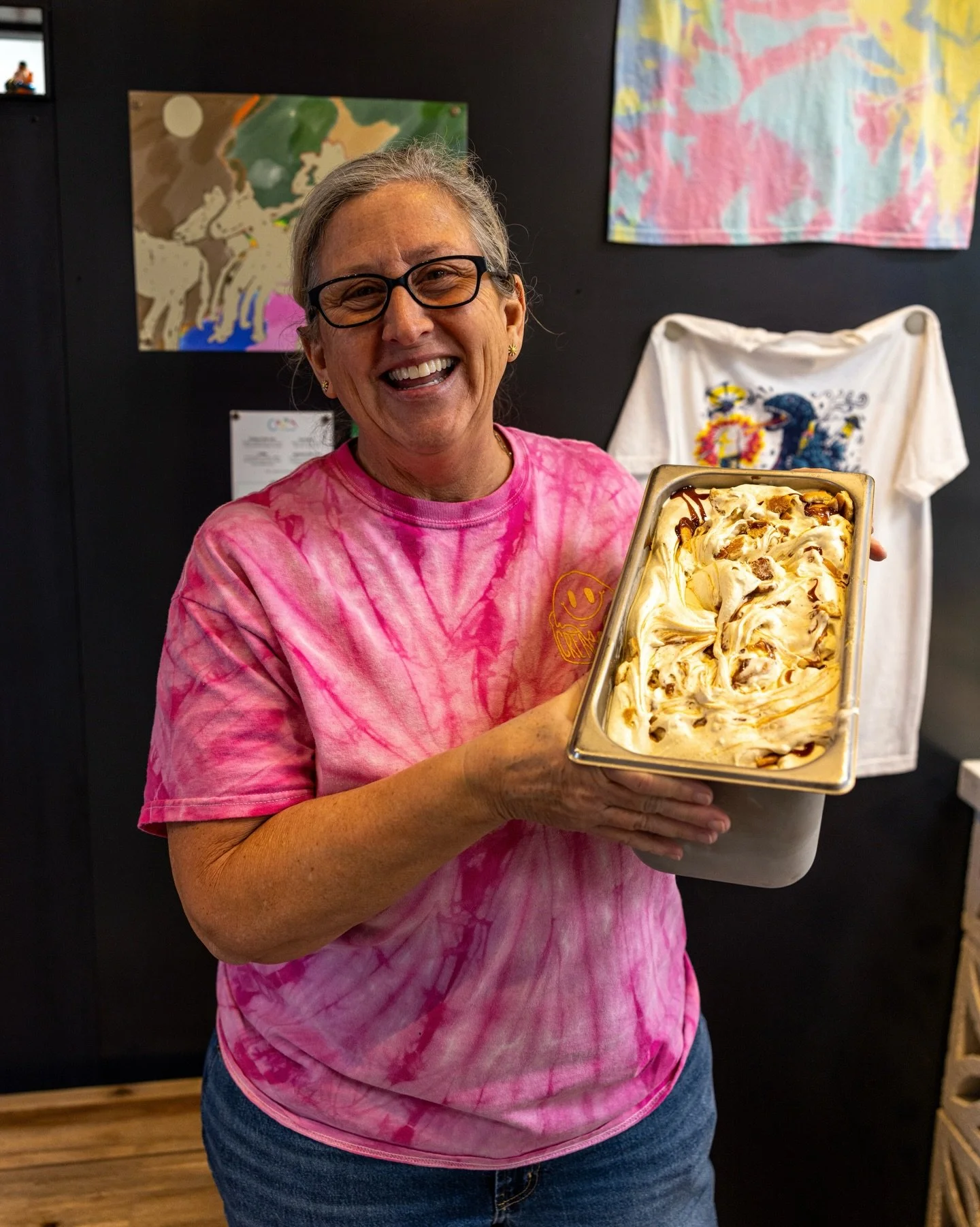 Aunt Stephy with one of our shop favorites &mdash; Banoffee

Made of banana ice cream, vanilla
wafers, and caramel🍌

Available through the end of the month!