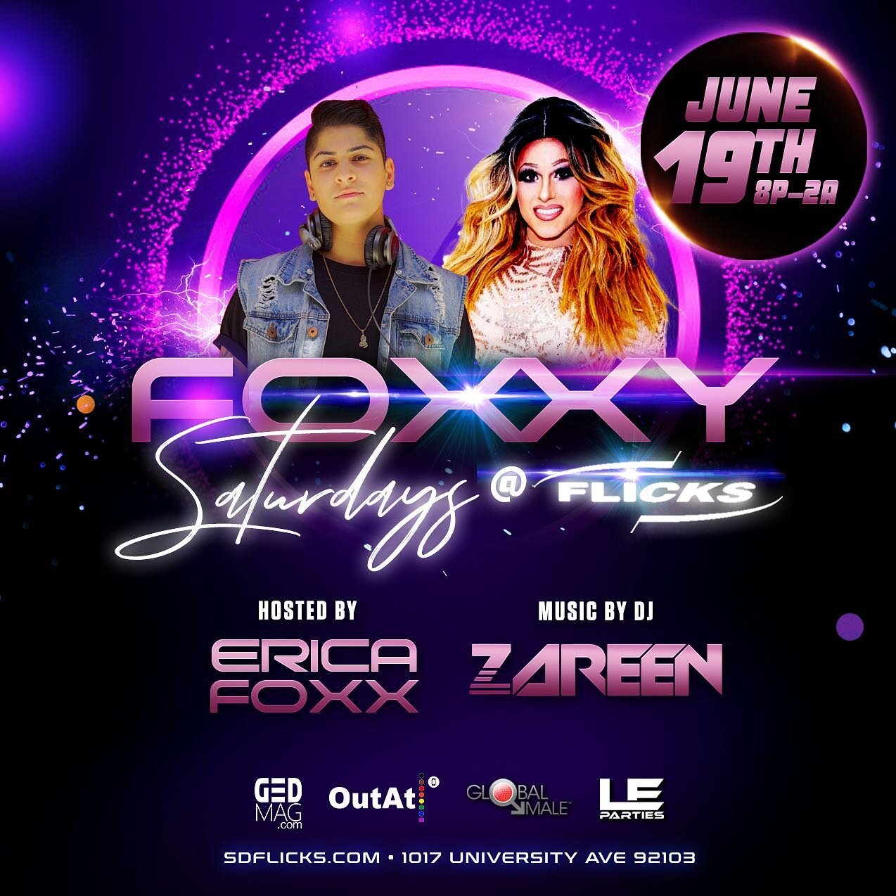 Come join us tomorrow @flicks_sd with @team_ericafoxx 🔥 No cover! 8PM-2AM #pridemonth 🌈