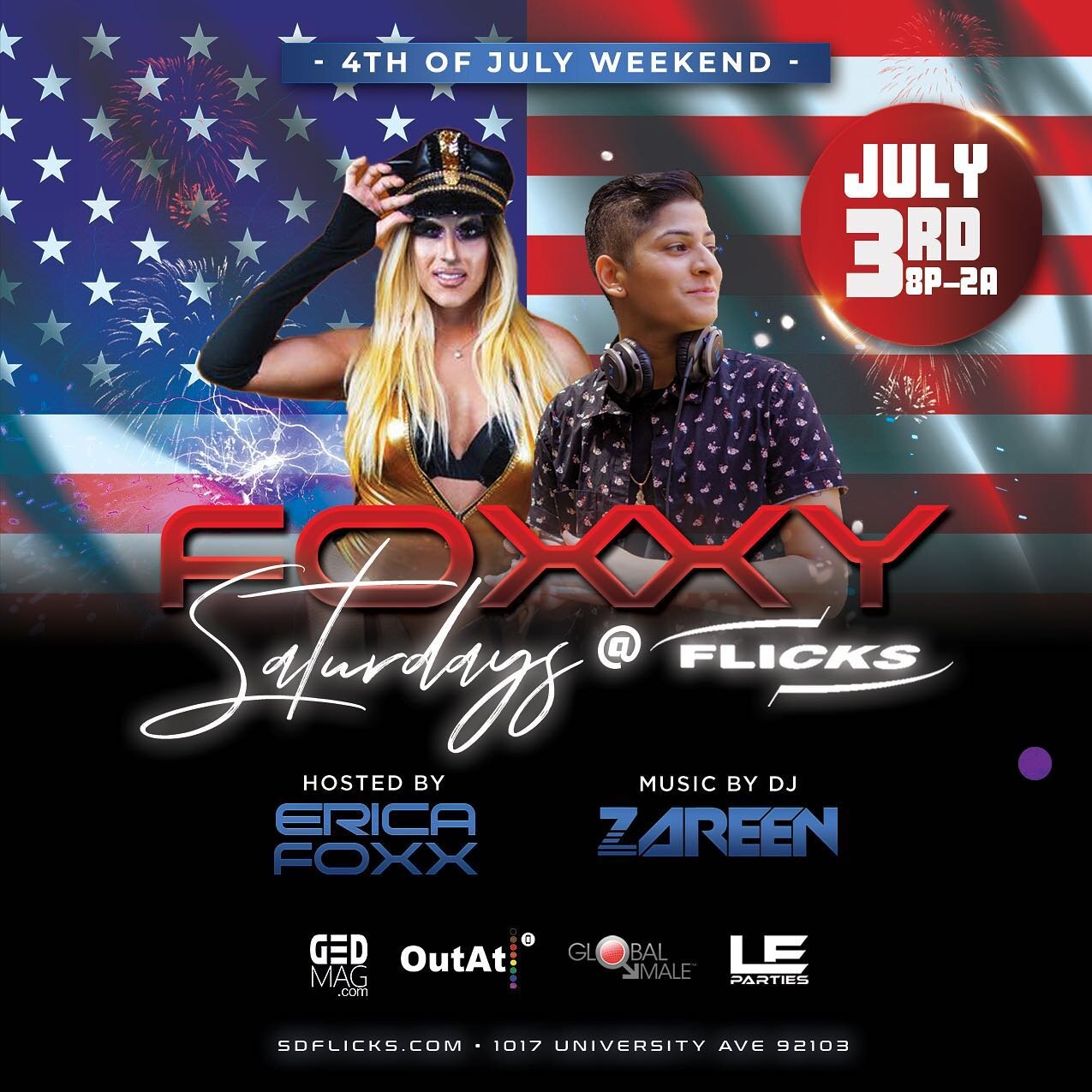4th of July weekend is poppin&rsquo; in Hillcrest! 💯 See you TONIGHT at @flicks_sd with your host @team_ericafoxx. Performers throughout the night‼️
&bull;&bull;&bull;
Sunday: 

WOMAN UP is back at @gossipgrill_ 🌈 3-7PM‼️hosted by @yourmomkevi 🥳

