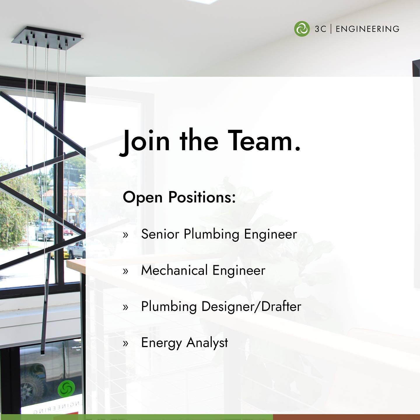 Join the 3CE Team! 

We are looking for:
-Lead Plumbing Engineer
-Mechanical Engineer
-Plumbing Designer/Drafter
-Energy Analyst

Check out our careers page on our website for more information. (Link in the bio)
.
.
.
.
.
#hiring #californiaarchitect