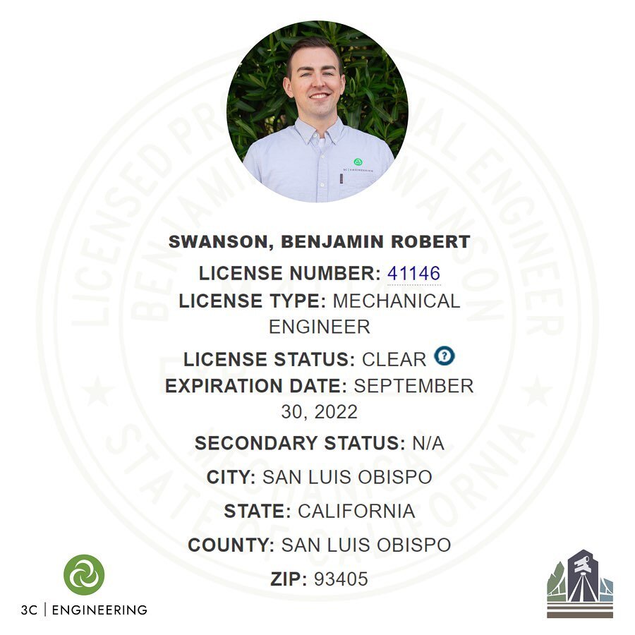 Congratulations to Ben Swanson for earning his Professional Engineering License! Ben now has his PE license and is a Certified Energy Analyst as well. Keep up the good work Ben!

.
.
.
#mechanicalengineer #professionalengineer #hvac #energy #sanluiso