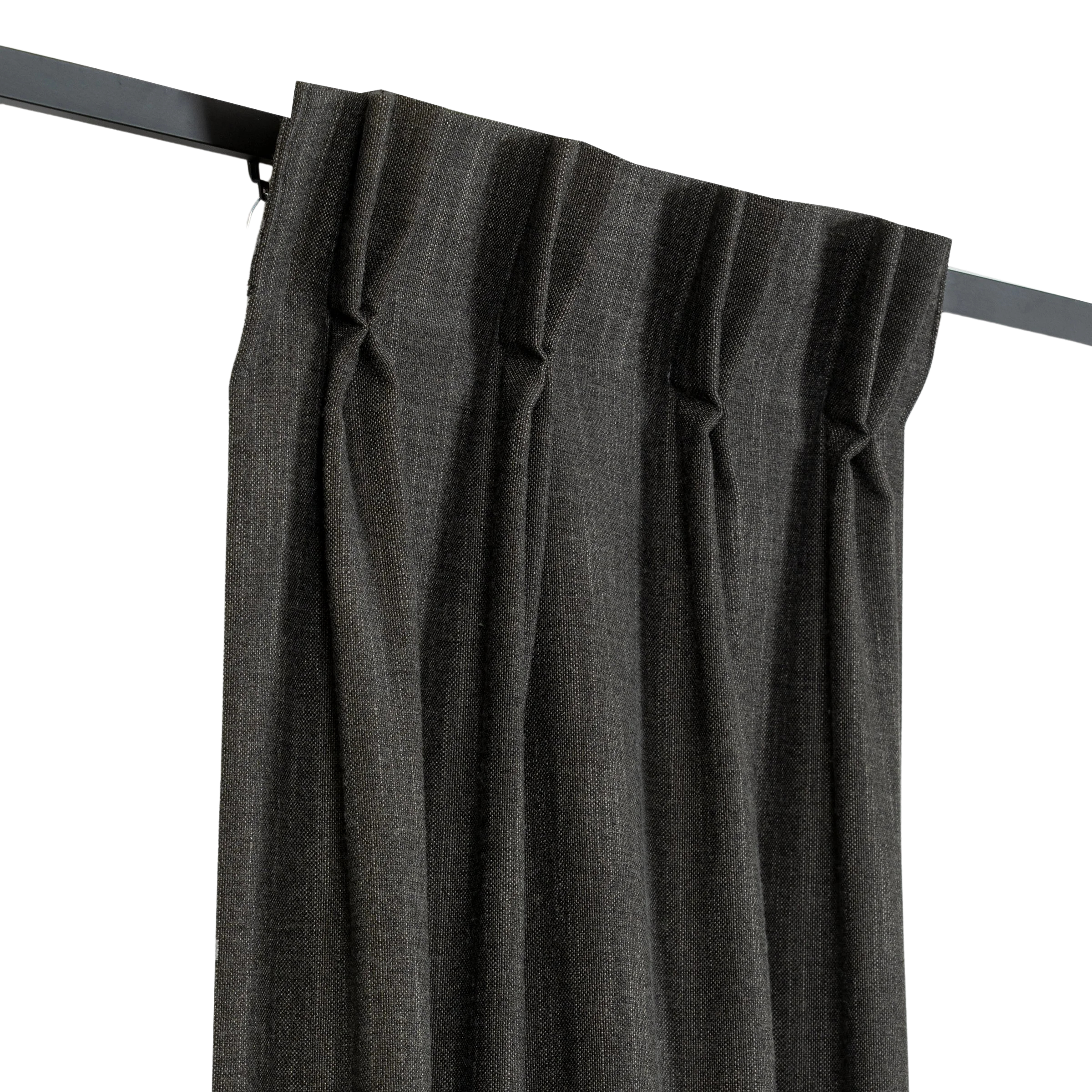 Dark gray fabric curtain hanging from a black curtain rod.