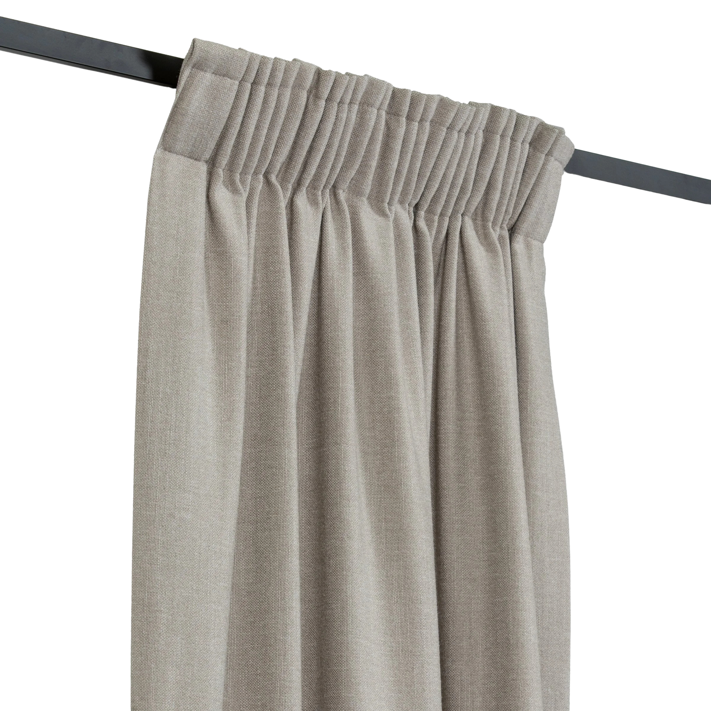 Beige curtain hanging on a black rod against a white background.
