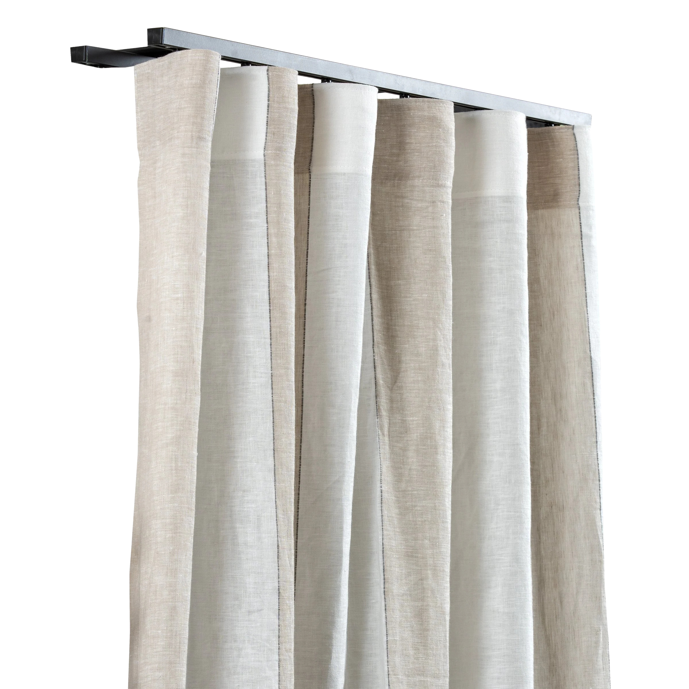 A set of beige and white curtains hanging on a metal rod.