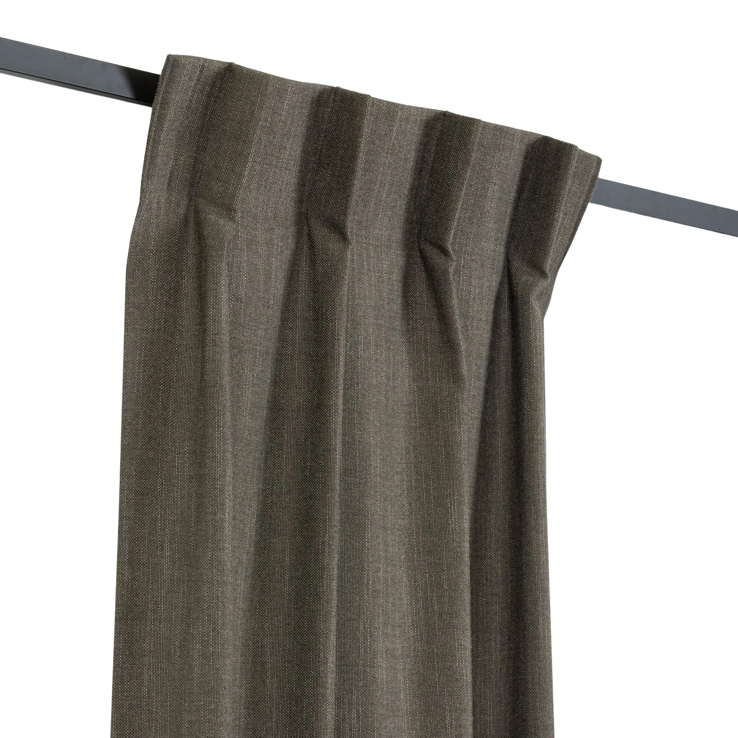 A brown pleated curtain hanging on a black rod against a white background.