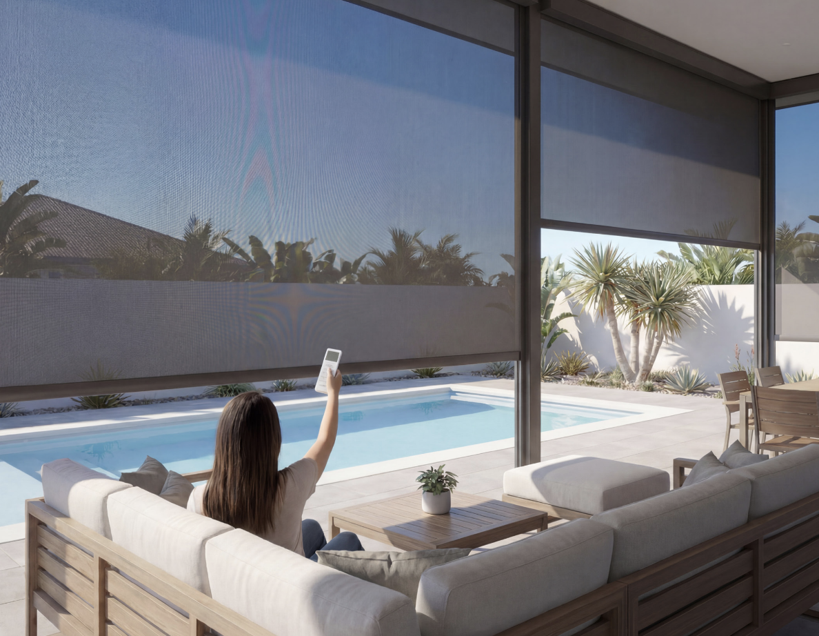 A woman sitting on a white outdoor sofa, holding a remote control, in front of a large screened window overlooking a backyard with a swimming pool, desert plants, and a clear blue sky.
