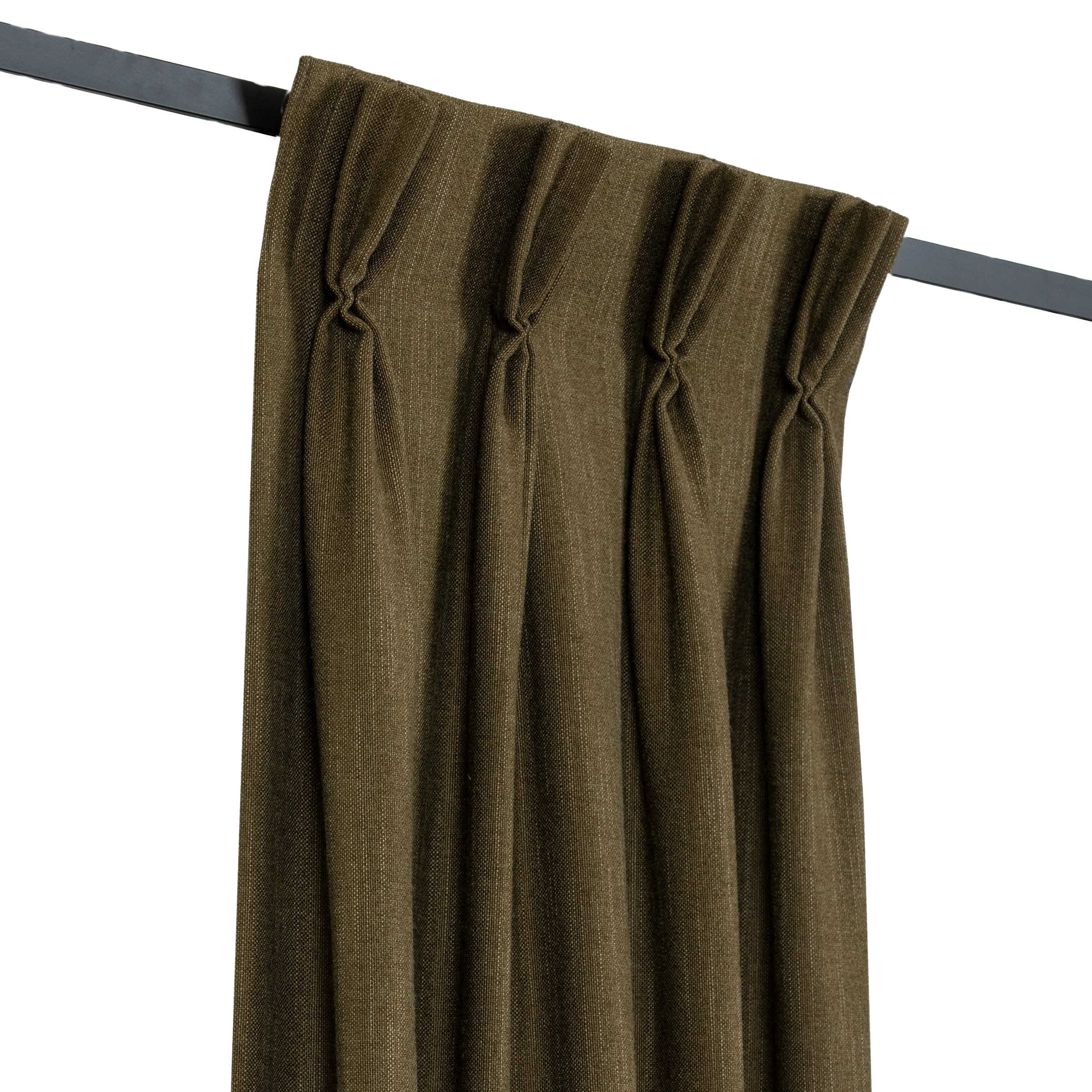 A brown curtain hanging on a black curtain rod against a white background.
