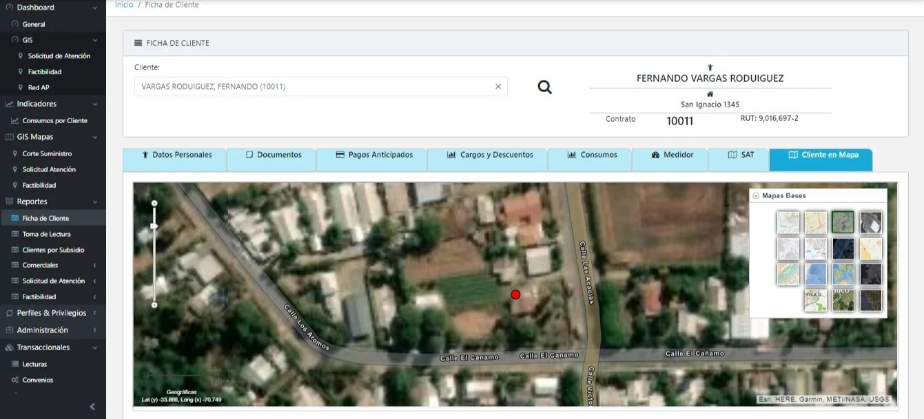 Ficha del cliente con su historial de transacciones y la ubicación del medidor