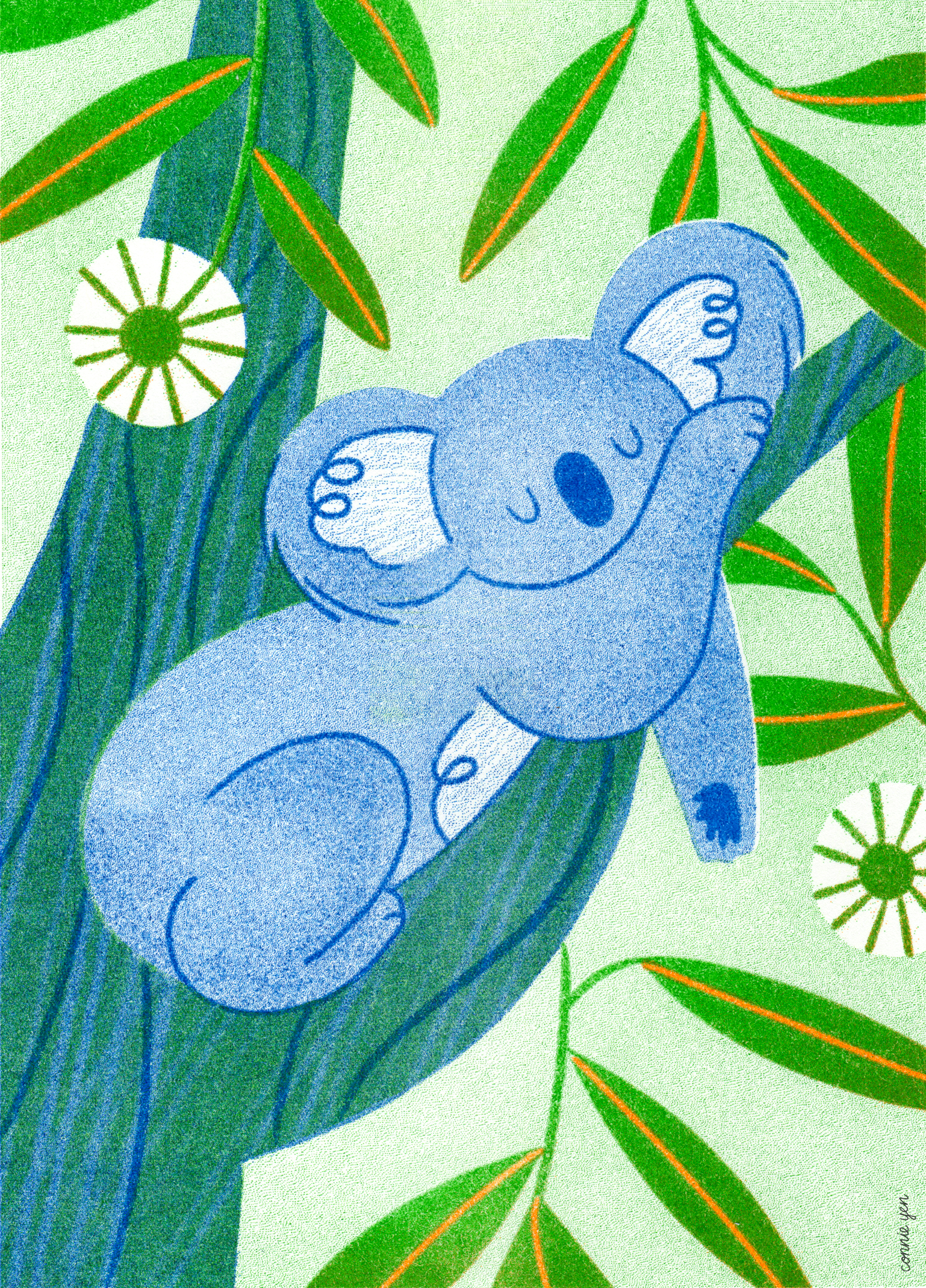 "Conserving Energy" Sleepy Koala for Giant Robot • 3-Color Risograph • 5" x 7" framed to 9.5" x 7.5"