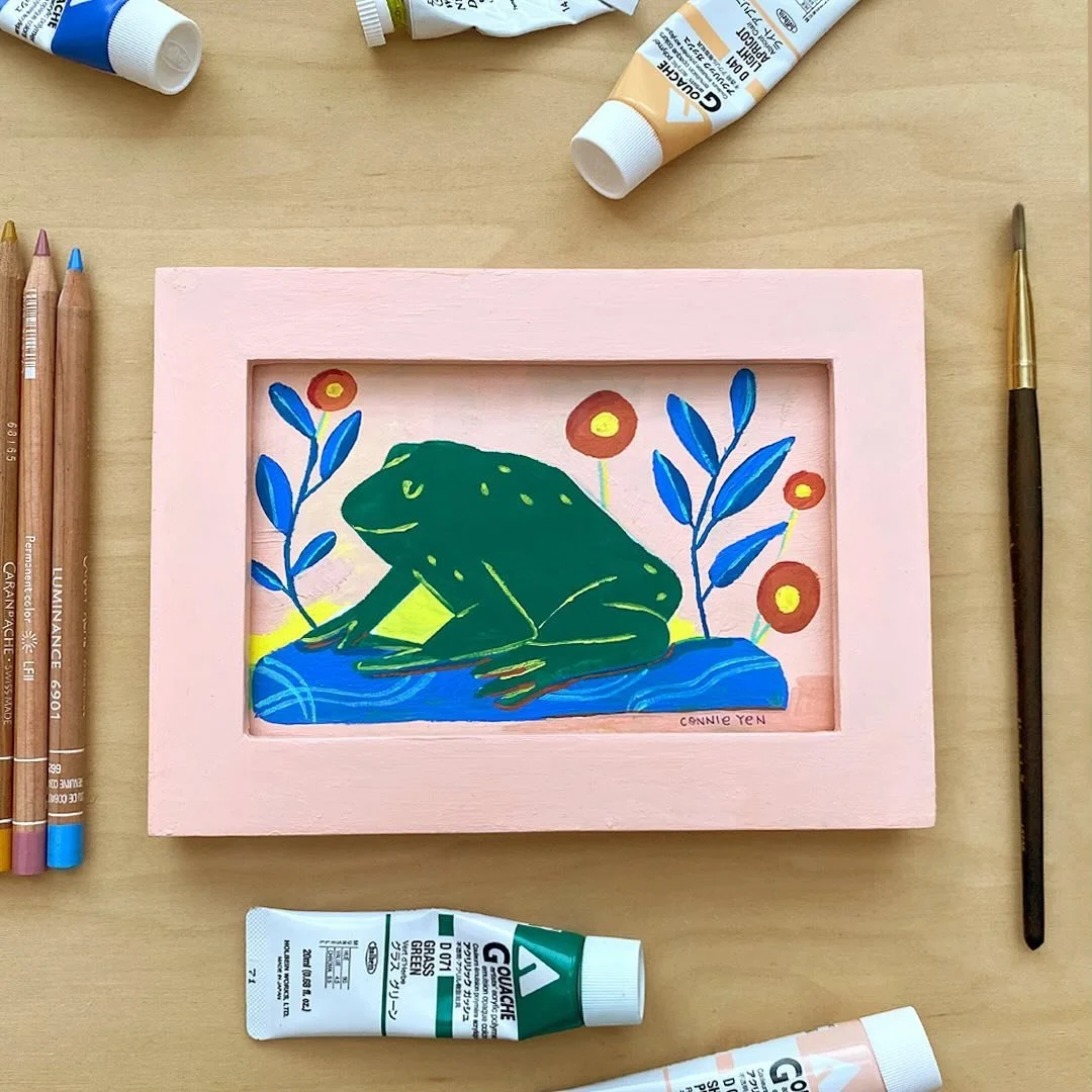 Chill frog in gouache, chill frog in Zion.

"Chill Frog" &bull; Gouache on paper &bull; 6" x 8" in hand painted frame

#gouache #painting #illustration #frog #zion