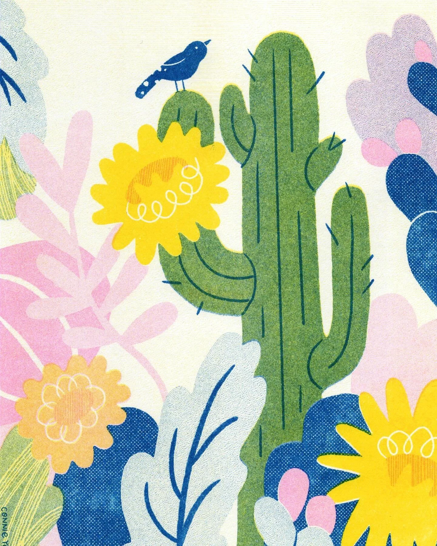 I just finished a fun 4-week Intro to Risograph class at @novacommunityarts. Here&rsquo;s a 3-color piece I created last week inspired by abundant LA cacti, florals, and images from my photo roll. Swipe to see how I imagined the inks working together