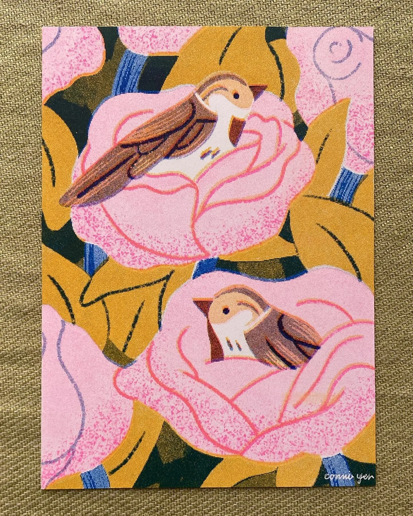Excited to have a new Riso piece for Giant Robot&rsquo;s Plants and Flowers group show! 🌹🌱 Inspired by a serene moment I saw of two sparrows looking cute just perched in the roses during a walk through the Exposition Park Rose Garden. Show runs fro