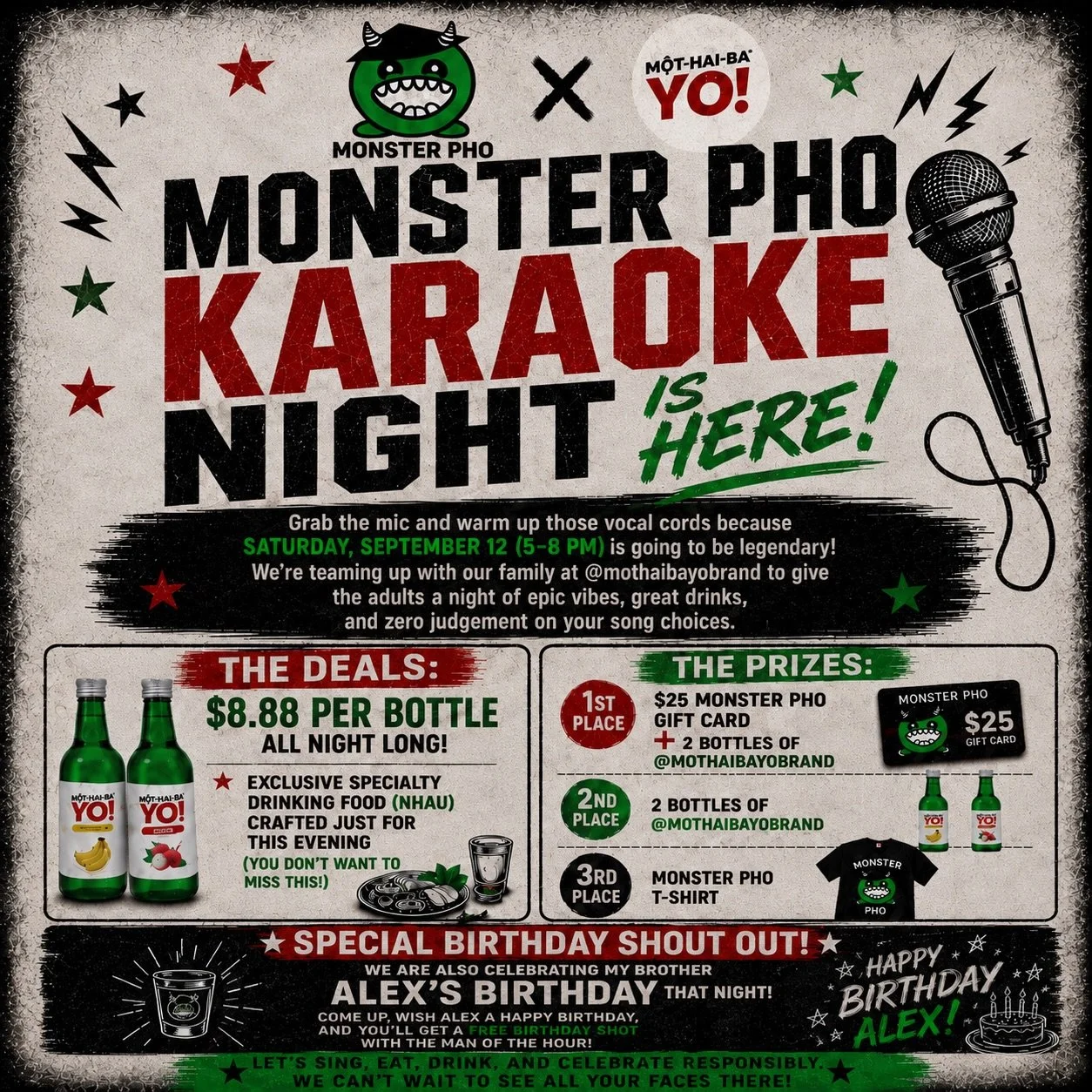 MONSTER PHO KARAOKE NIGHT IS HERE!

Grab the mic and warm up those vocal cords because Saturday, September 12 (5&ndash;8 PM) is going to be legendary! We&rsquo;re teaming up with our family at @mothaibayobrand to give the adults a night of epic vibes