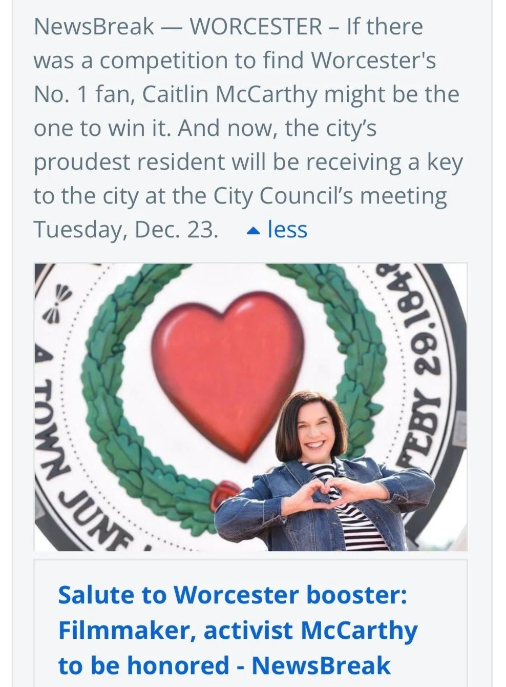Caitlin McCarthy was honored with a "Key to the City" from the Worcester City Council on December 23, 2025 for her DES activism, sceeenwriting, and service to Worcester Public Schools.