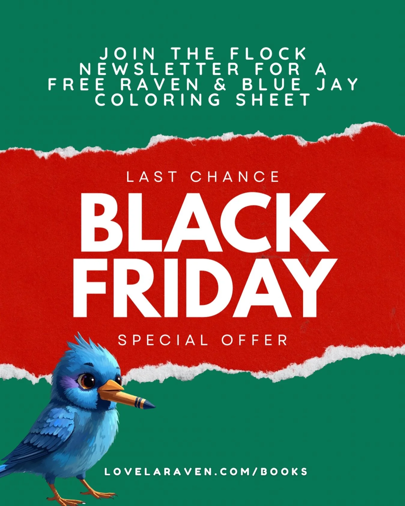 Last chance to snag your 🆓 Raven &amp; Blue Jay coloring sheet! 🖍️

Join The Flock newsletter and get your download on Black Friday.

Perfect for kids, teachers, and bird lovers.

📧: lovelaraven.com/books

#theravenandthebluejay #coloring #blackfr