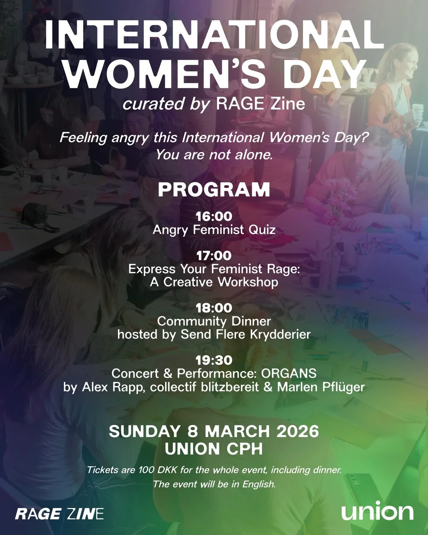 Join us for International Women&rsquo;s Day in Copenhagen ❤️&zwj;🔥

On Sunday 8 March, from 16-20:30, RAGE Zine takes over @unionkbh for an afternoon and evening of unapologetic feminist rage, creative resistance, and international community.

Grab 