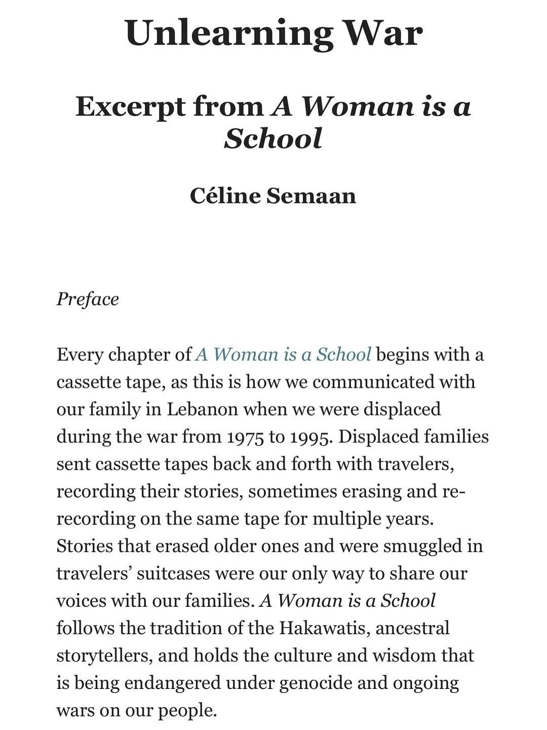 Unlearning War, except from @awomanisaschool by @celinecelines (published in @apogeelit by @sasha.bonet )