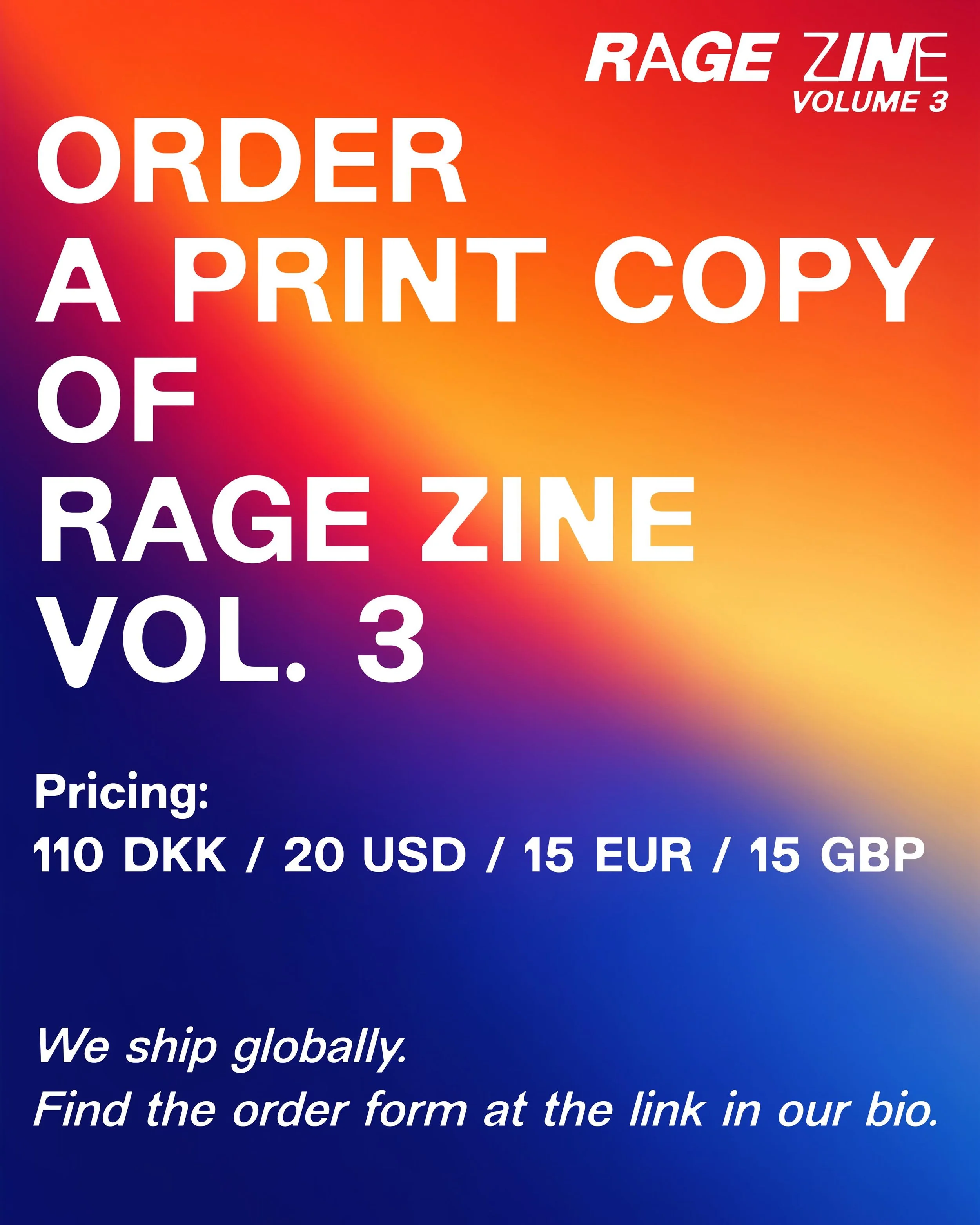 You can now order a print copy of RAGE Zine Volume 3 for shipping anywhere in the world 💫

Follow the link in our bio to read more and complete the order form and we will send the zine your way soonest!

If you&rsquo;re based in Copenhagen, we recom