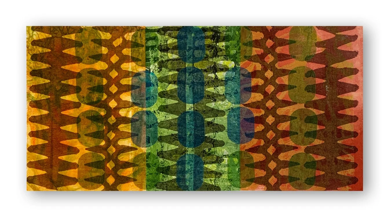 Painted silk fused to monoprinted cotton on a buckram base. 15&quot;W x 7&quot;H (before stitching) #monoprintedfabric #printonfabric #monoprint #layeredart #silkorganza #brotherscanncut #stencildesign #missourifiberartists #surface_design #kansasart