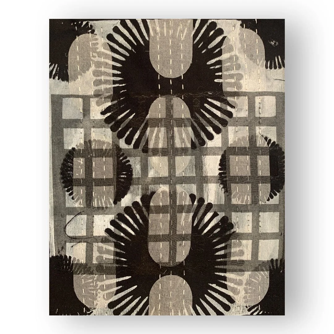 Four monoprints on cotton, overlaid with silk, stitched. #monoprints #monoprintsoncloth #clothprint #clothprinting #silkoverlay #fusedfabriccollage #fabricdesign #wabisabistyle #surfacedesignpattern #patterndesign #neutralcolorpalette #neutralcolor #